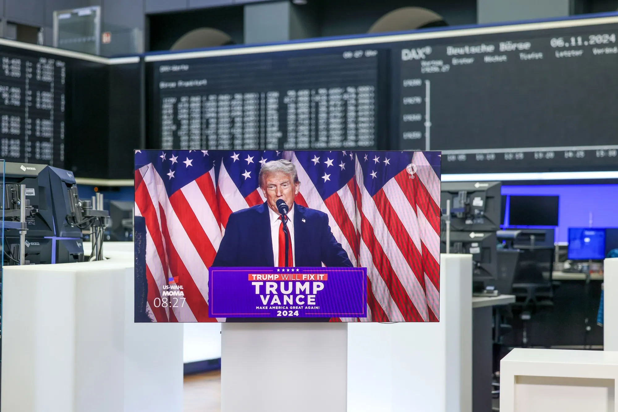 A TV&nbsp;feed in the Frankfurt Stock Exchange of Donald Trump making a victory speech following the US presidential election.
