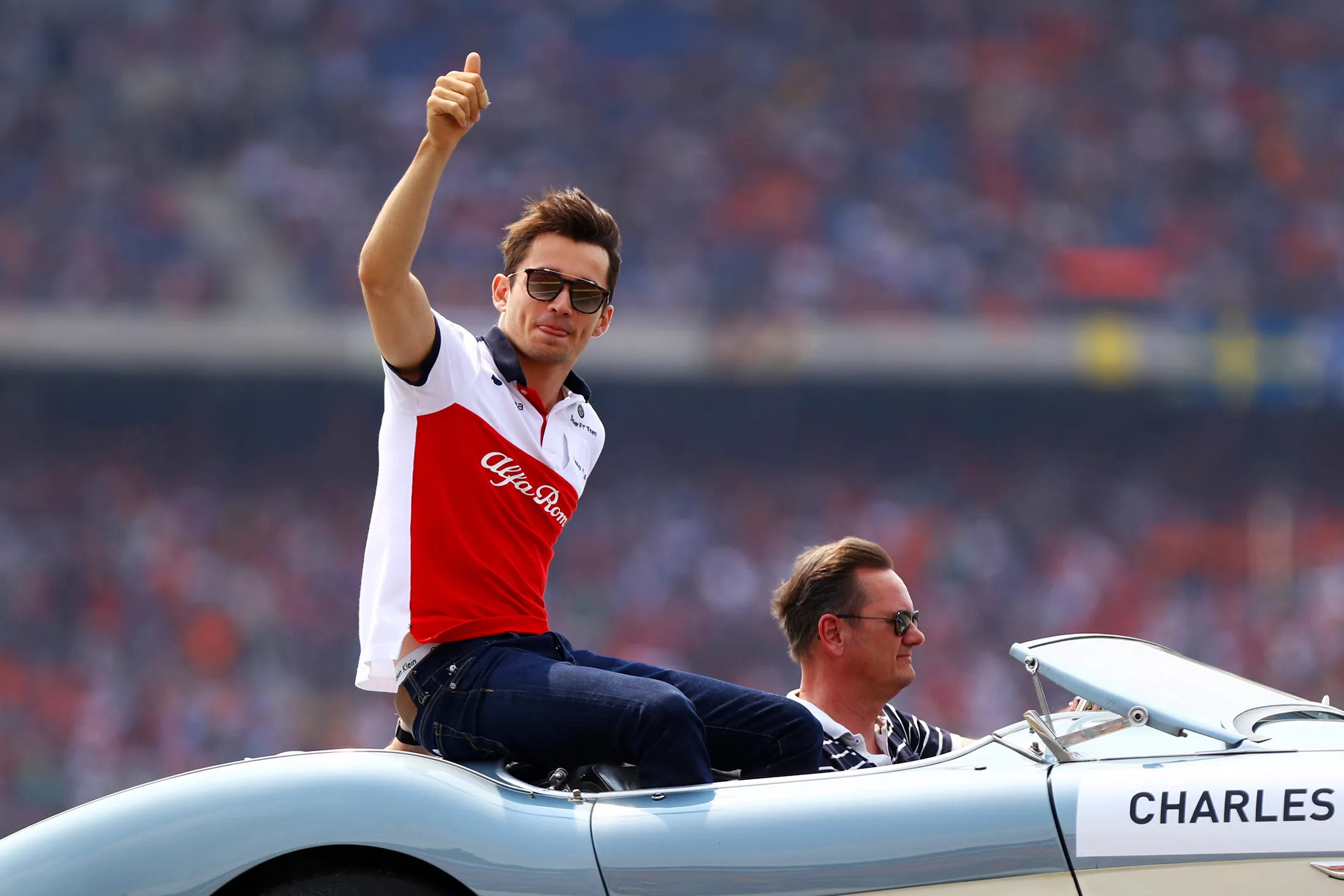 Charles Leclerc waves to the crowd on the drivers parade before the Formula One Grand Prix of Germany&nbsp;on July 22.