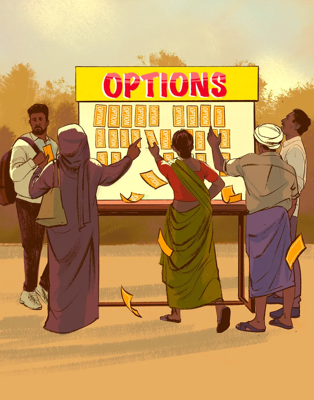 illustration of people pulling options tickets off of a bulletin board.