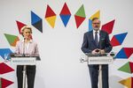 Ursula von der Leyen, president of the European Commission, left, and Petr Fiala, Czech Republic's prime minister, right, during a news conference&nbsp;in Litomysl, Czech Republic, on July 1.