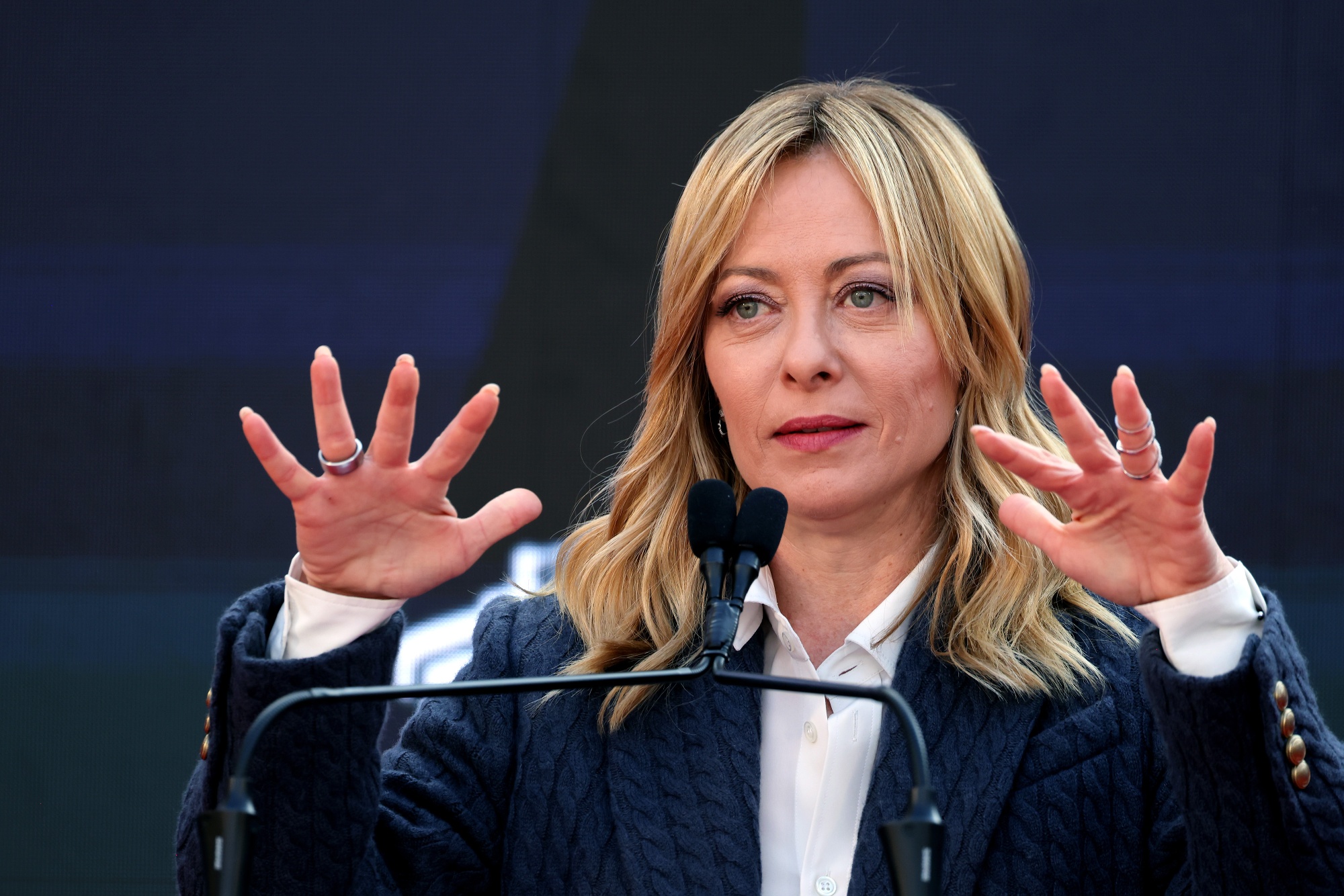 Giorgia Meloni, Italy's prime minister, speaks at the Atreju convention in Rome, Italy, on Sunday, Dec. 14, 2025. Meloni cast US President Donald Trump's new national security strategy as a wake-up call for Europe, while downplaying tensions within her government and reaffirming Italy's support for Ukraine. Photographer: Alessia Pierdomenico/Bloomberg