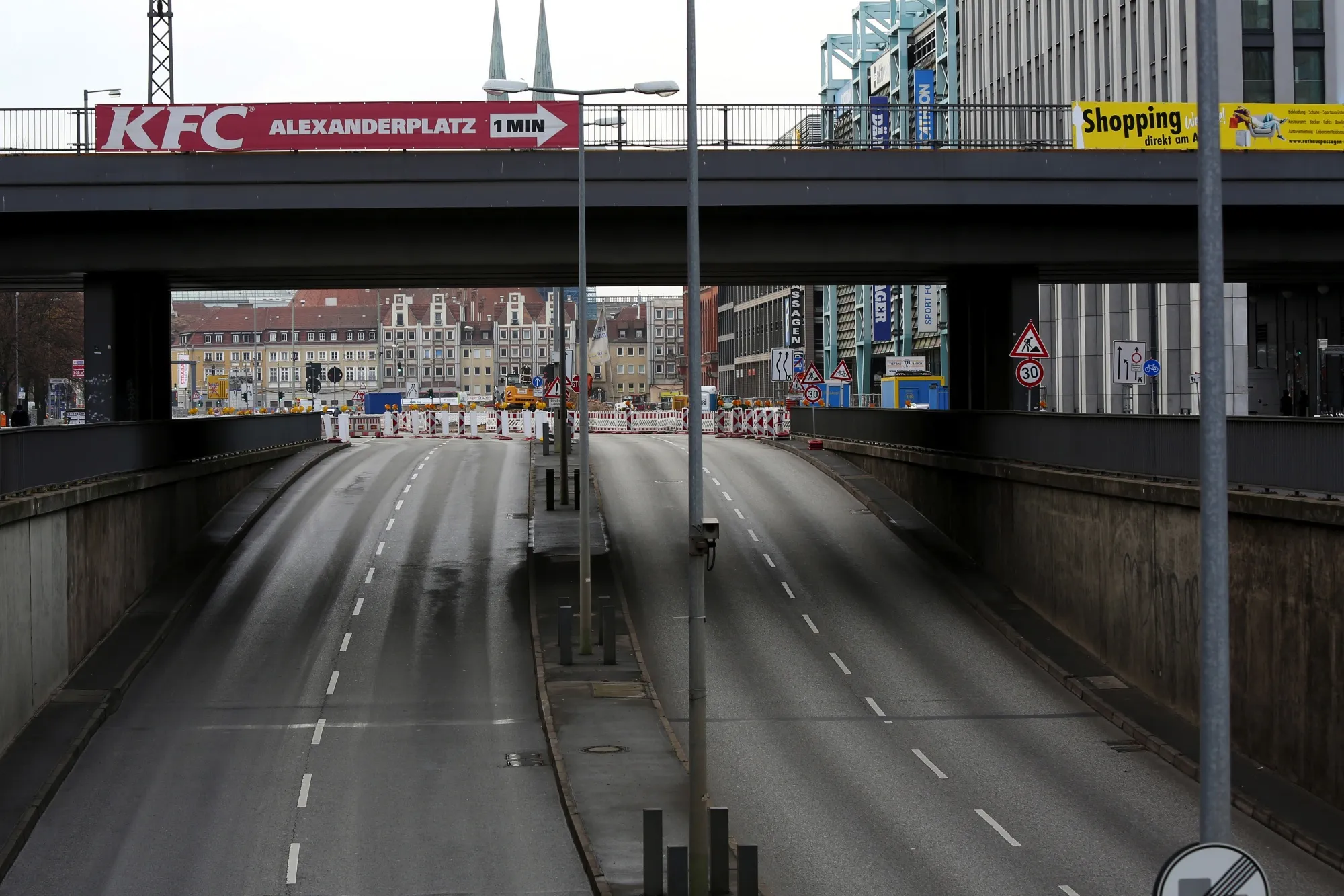 The empty lanes of Otto-Braun-Strasse during the first day of a national lockdown in Berlin, Germany, on Wednesday.