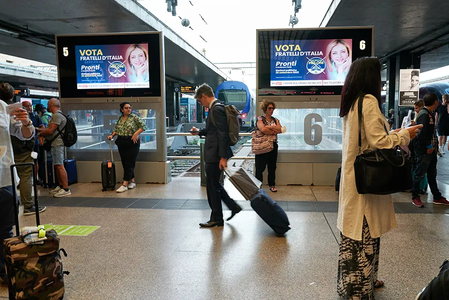 Campaign posters for Giorgia Meloni&nbsp;at Rome's Termini main railway station on Sept. 5.&nbsp;