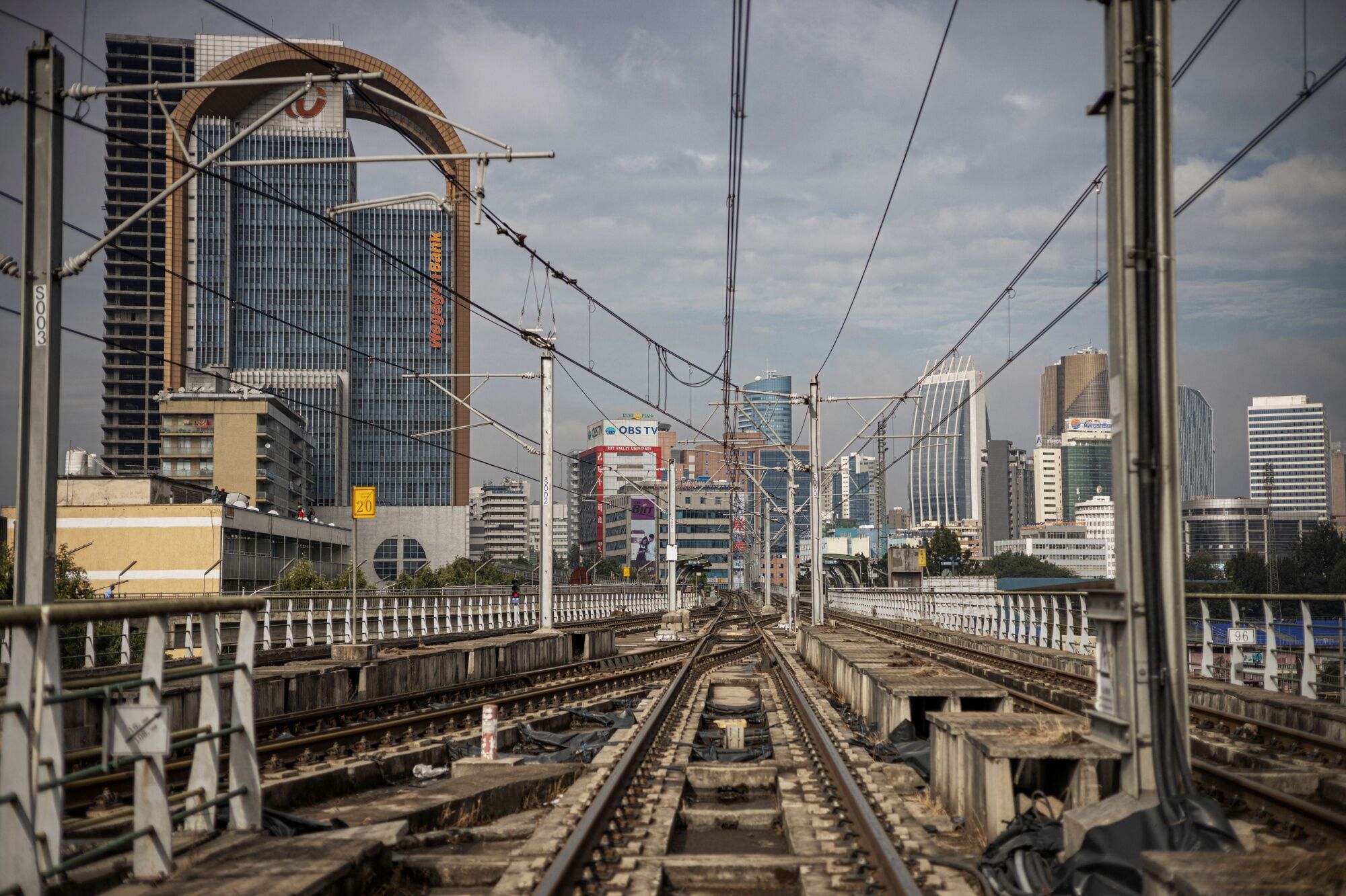 The Addis Ababa&nbsp;skyline is seen from the light rail system on Nov. 19, 2023.