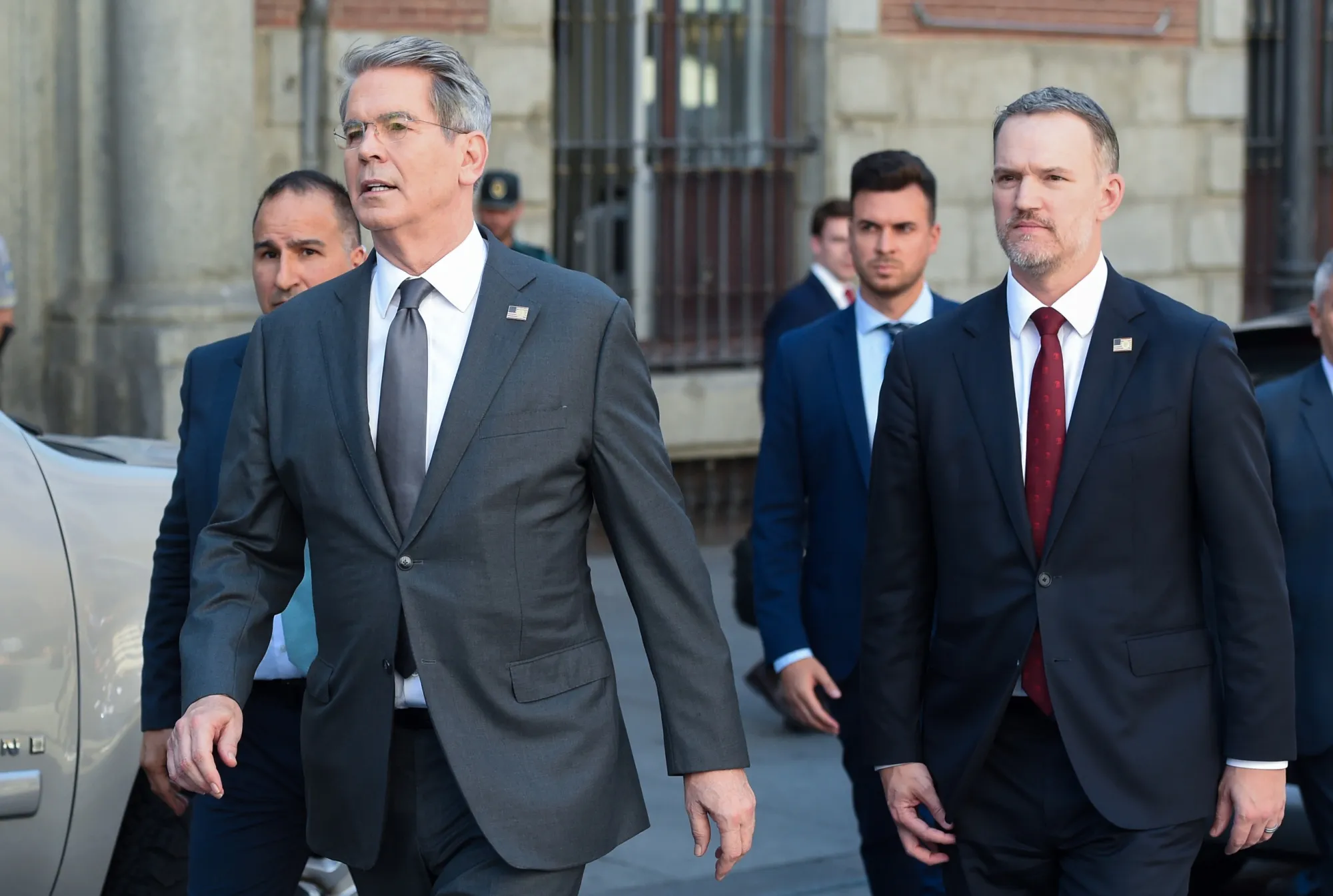 US Treasury Secretary Scott Bessent and US Trade Representative Jamieson Greer leave a meeting in Madrid on Sept. 15
