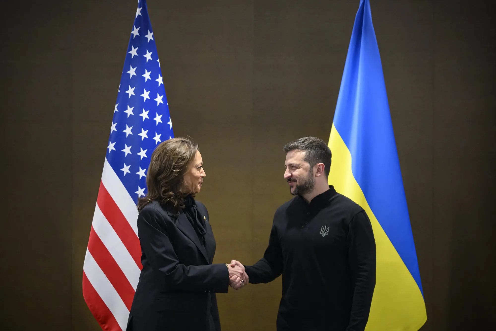 Kamala Harris with Volodymyr Zelenskiy during a meeting on the sideline of the Summit on peace in Ukraine, near Lucerne, on June 15.