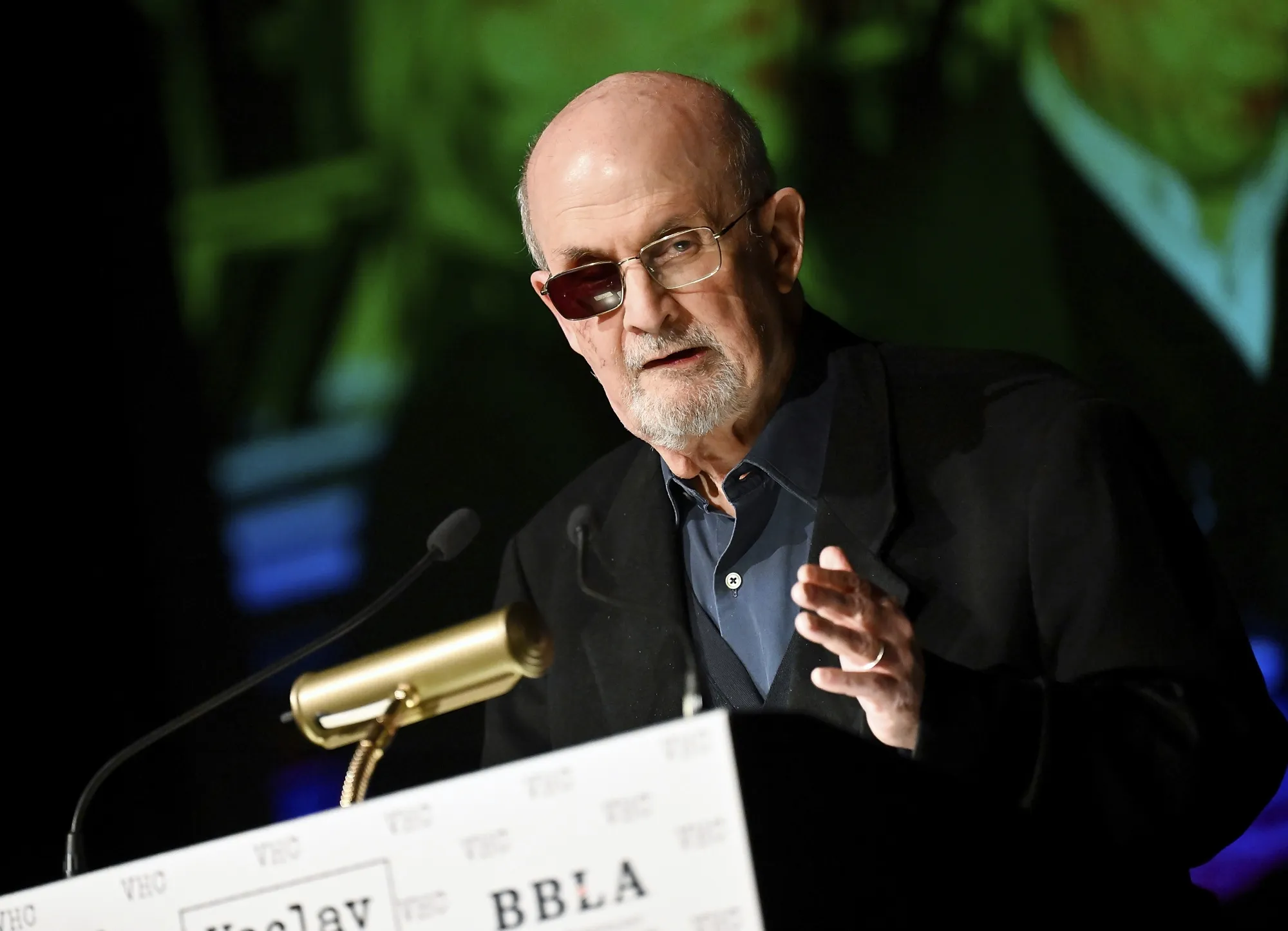 Author Salman Rushdie receives the Vaclav Havel Library Foundation's first ever lifetime achievement disturbing the peace award at the Vaclav Havel Center on Tuesday, Nov. 14, 2023, in New York. (Photo by Evan Agostini/Invision/AP)