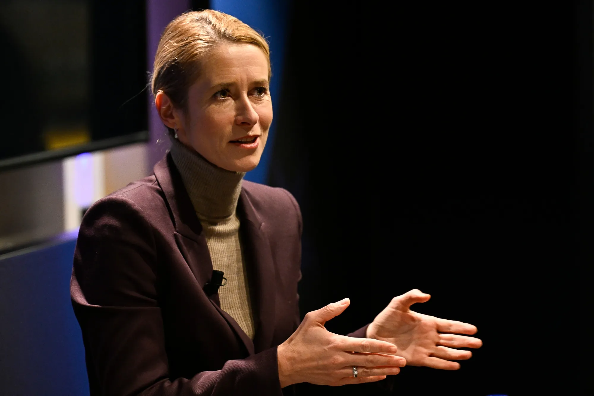 Kaja Kallas speaks during a fireside conversation in Brussels on Nov. 18.