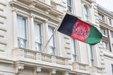 The flag of Afghanistan flying on the Embassy of the Islamic