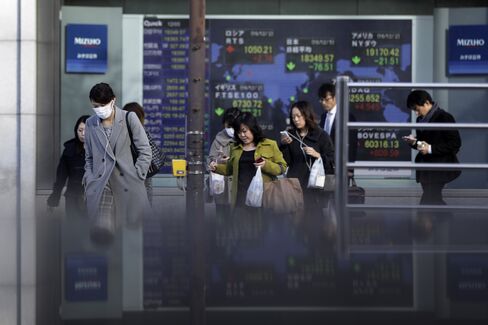 株価ボード前の歩行者