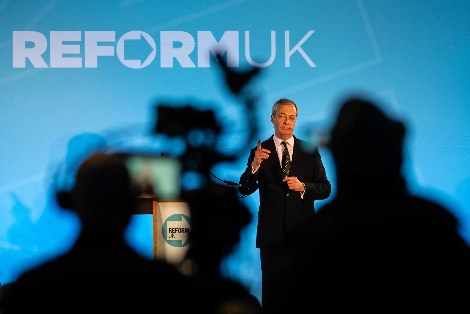 Nigel Farage speaks at the Reform UK South East Conference in Esher, on Jan. 10.