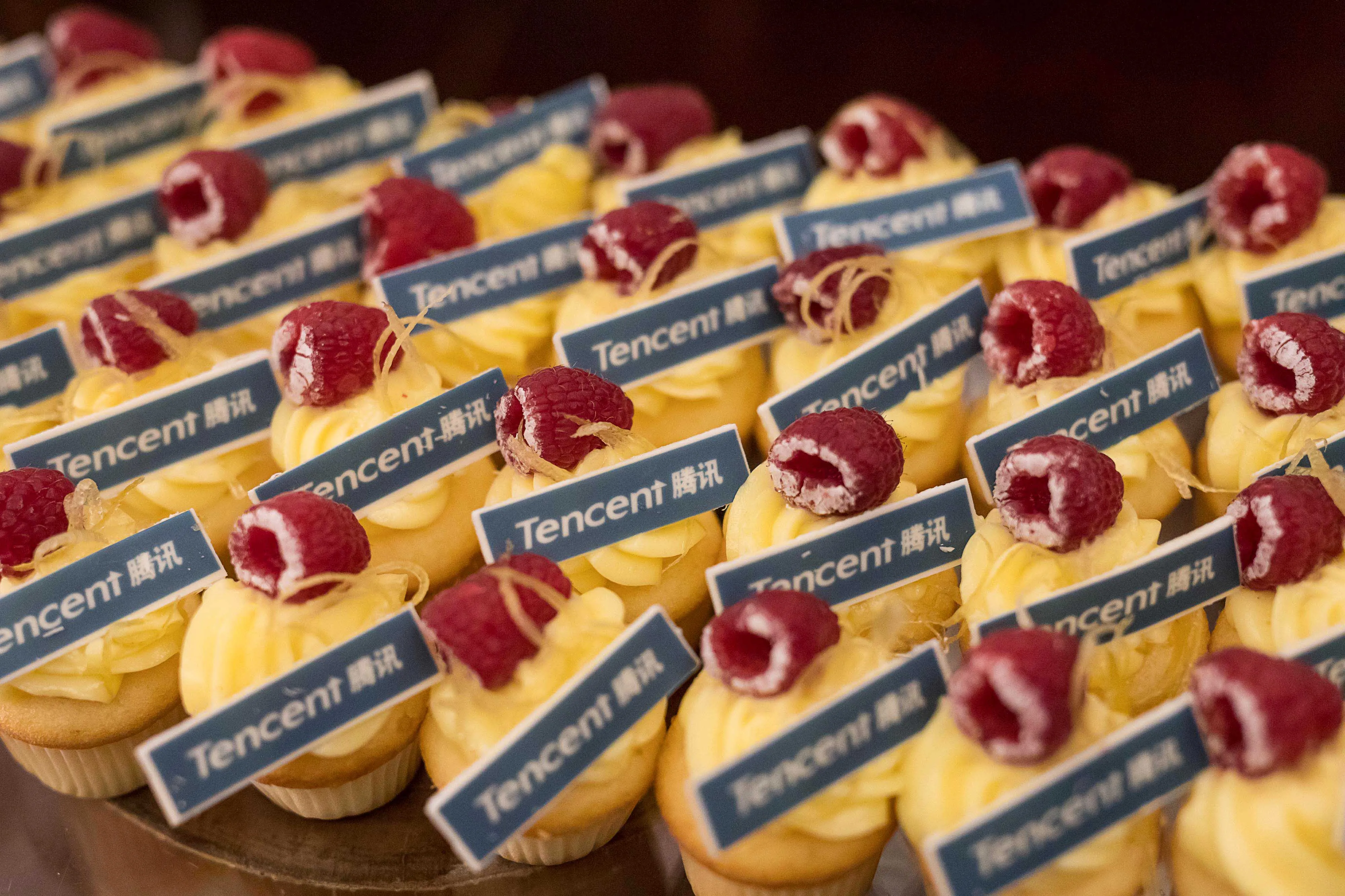 Cupcakes bearing the Tencent logo sit on a table at the Guangdong-Hong Kong-Macao Greater Bay Area Forum in Hong Kong.