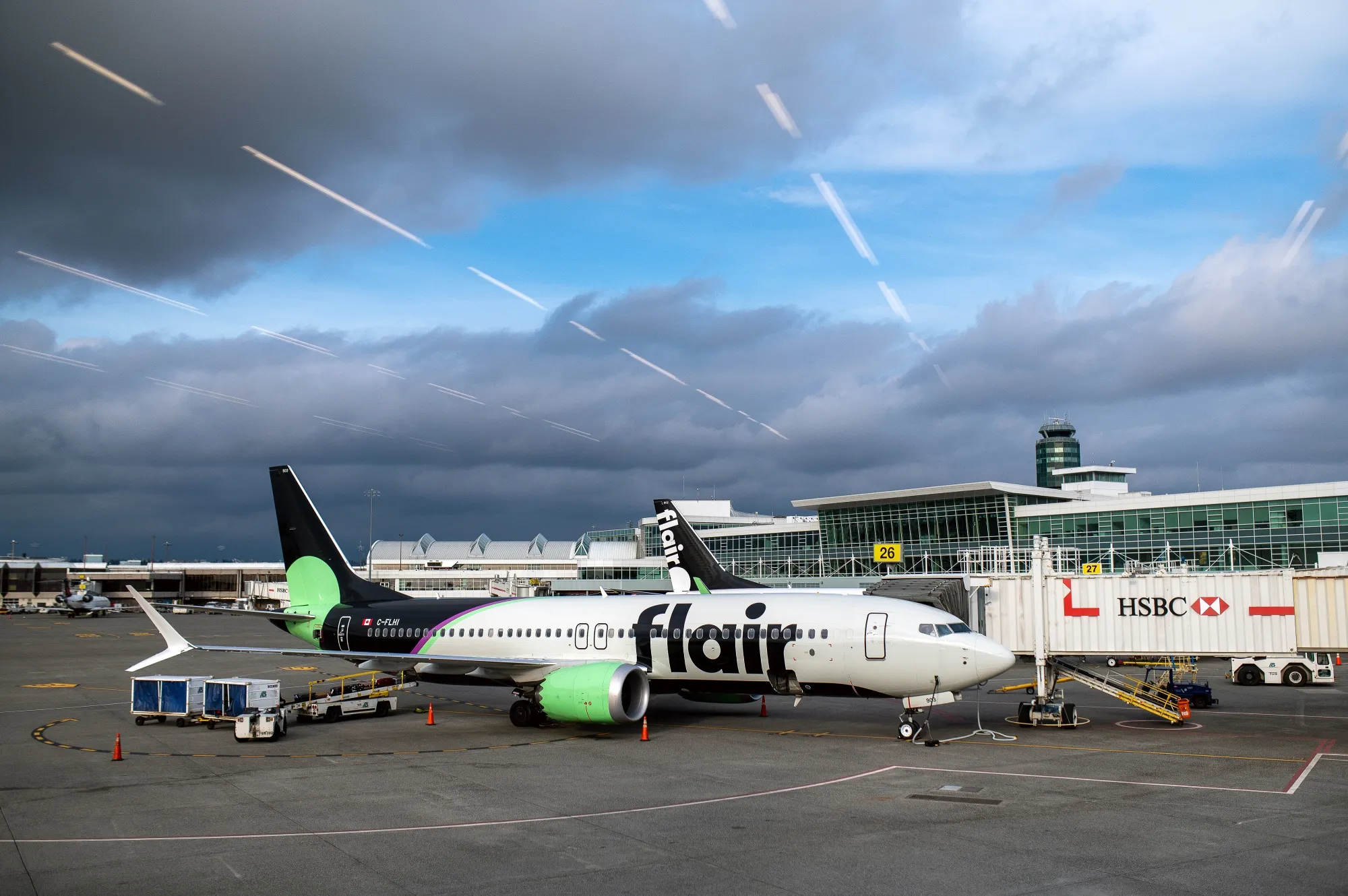 A Flair Airlines aircraft at Vancouver International Airport.