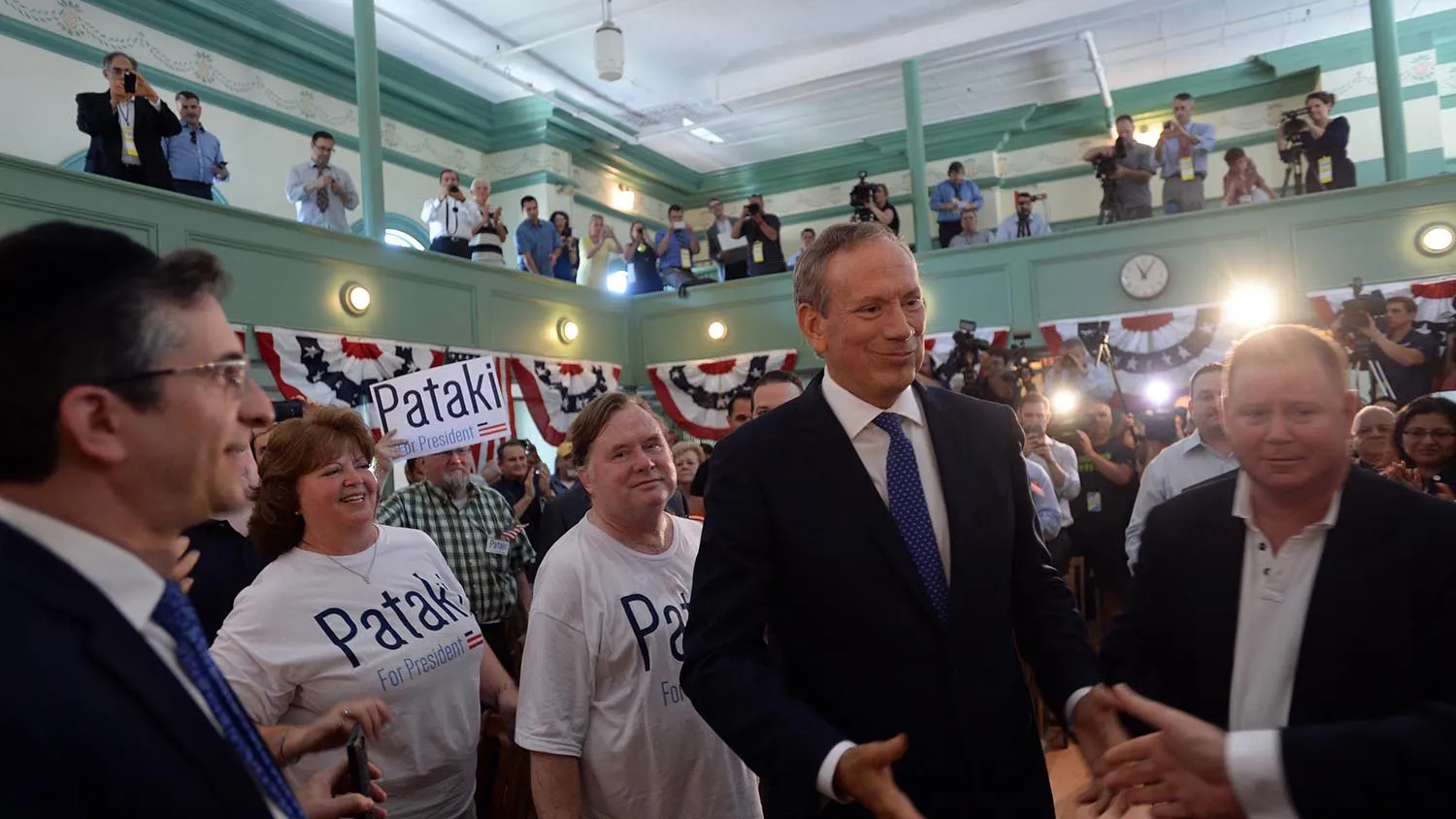 EXETER, NH - MAY 28: Former New York Gov. George Pataki (2nd R) prepares to announce his candidacy for the 2016 Republican presidential nomination May 28, 2015 in Exeter, New Hampshire. Pataki joins a list of Republicans looking for the nomination, that is set to grow larger in the coming weeks and months.
