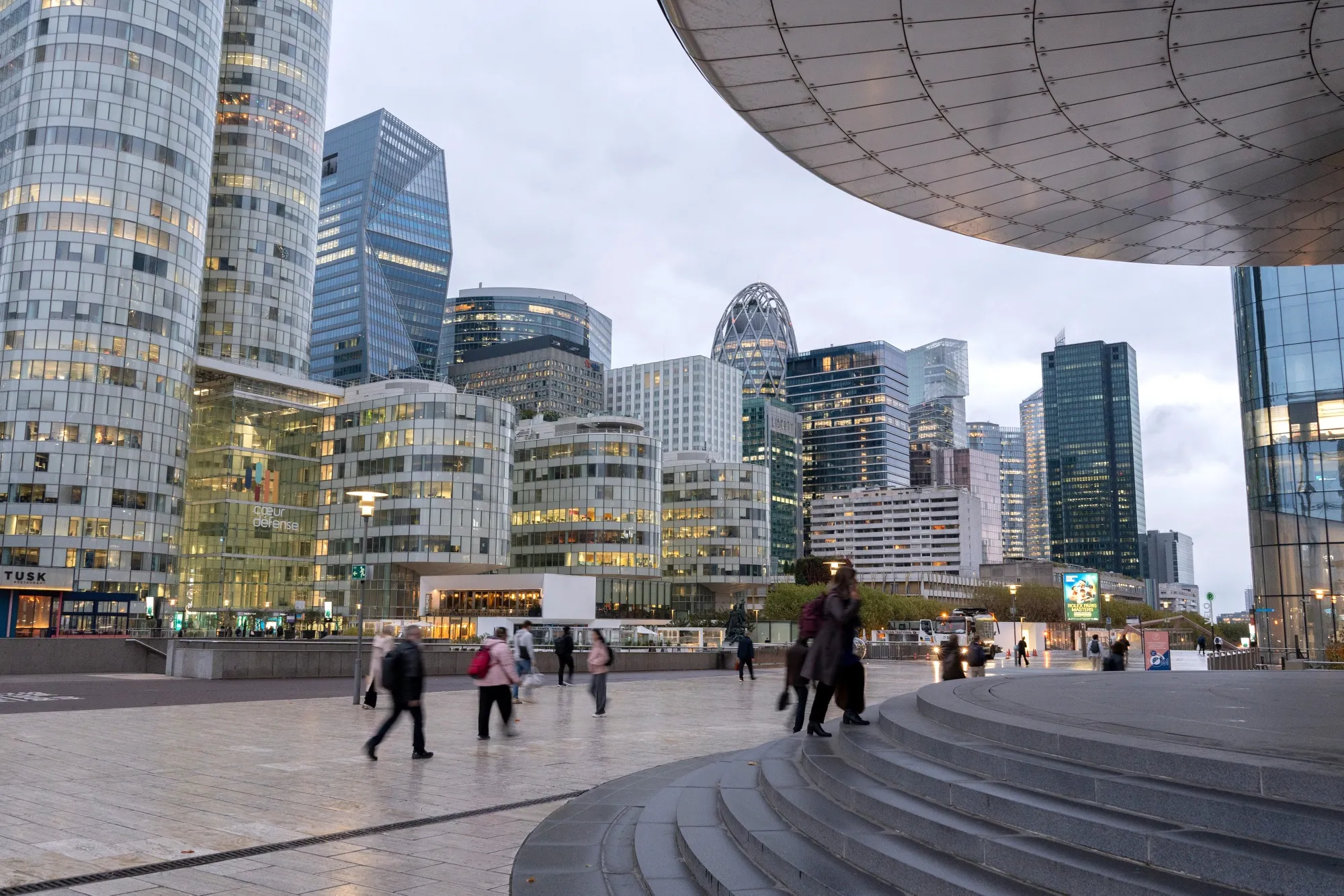 City workers in the La Defense business district of Paris.