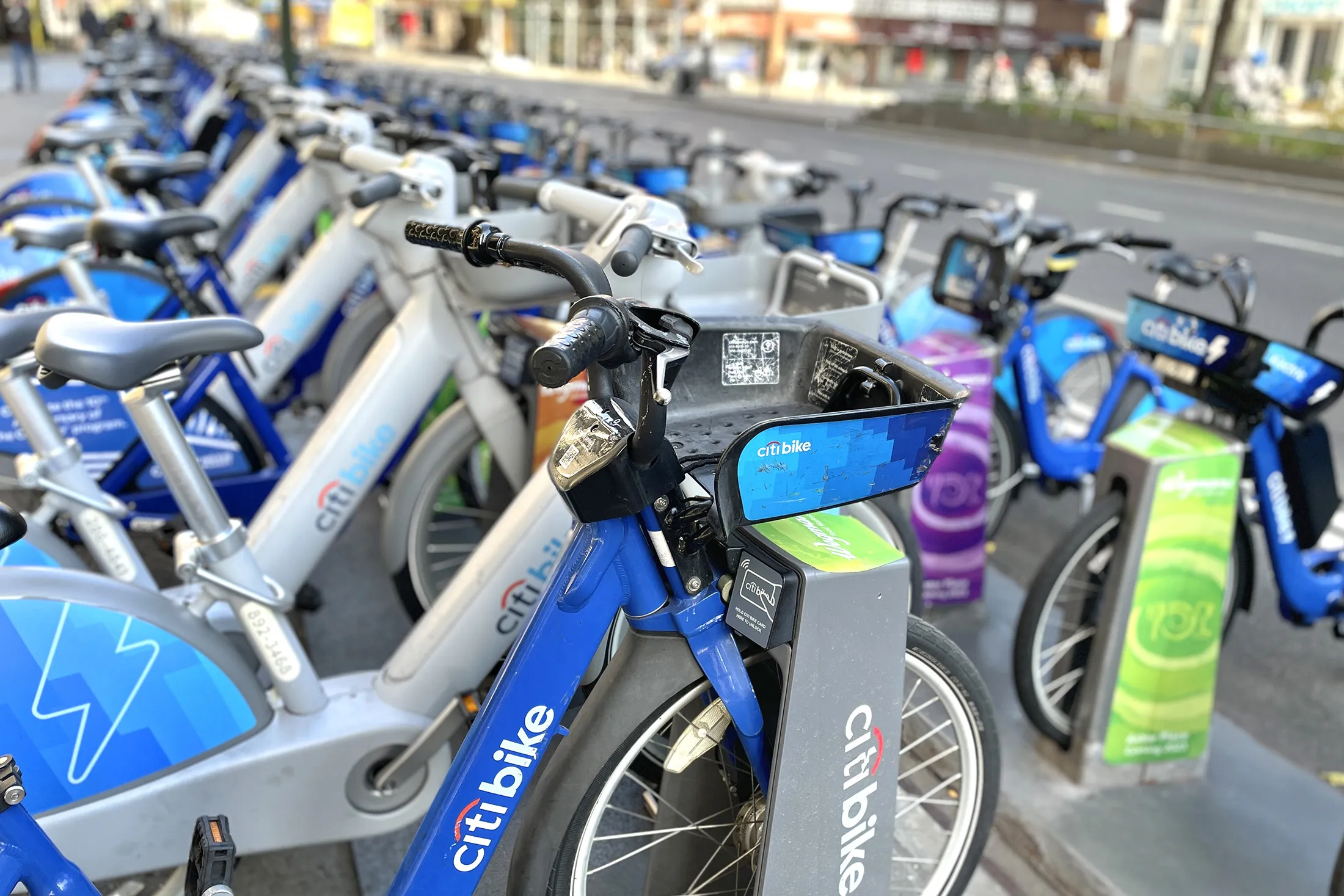 A Citi Bike stand with electric bikes&nbsp;available for use through a membership or daily rental in New York City.