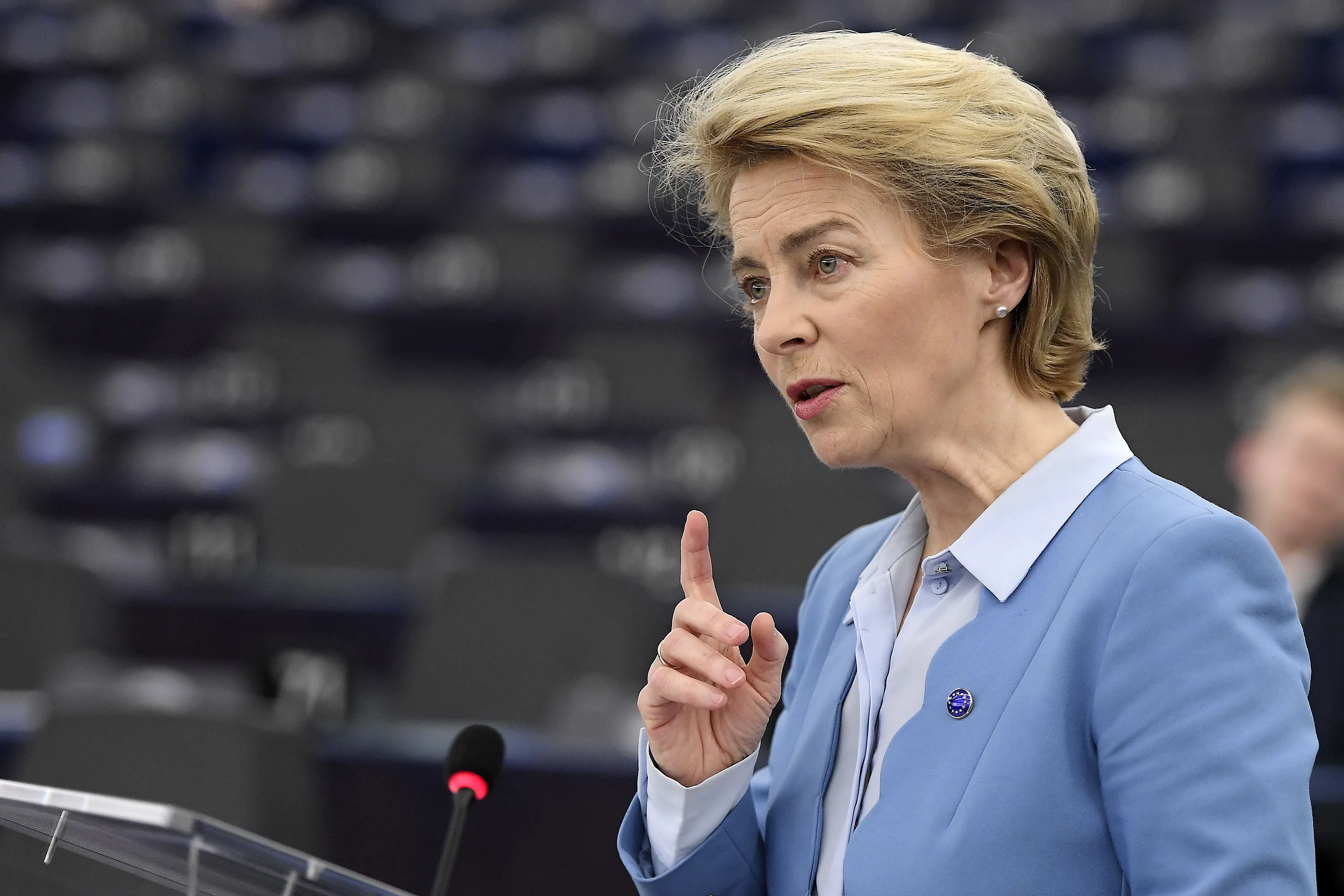 Ursula von der Leyen speaks during a debate at the European Parliament in Strasbourg, on Feb. 11.
