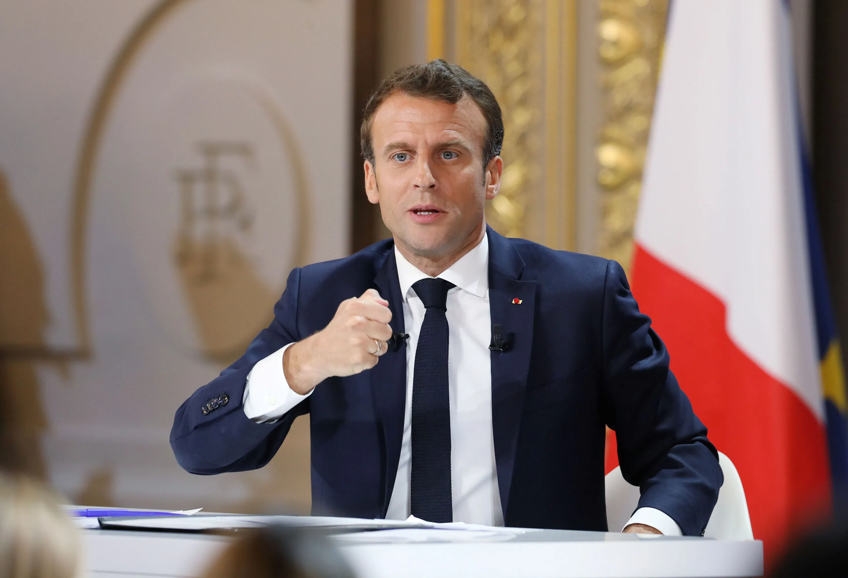 Emmanuel Macron during his live address at the Elysee Palace in Paris on April 25.