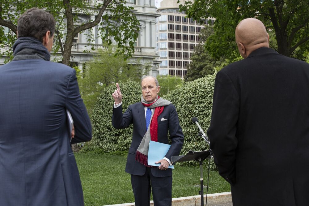 Larry Kudlow speaks to members of the media in Washington, D.C., on April 14.