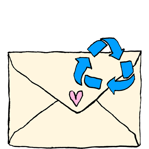 Illustrated envelope with a pink heart and blue recycling symbol.