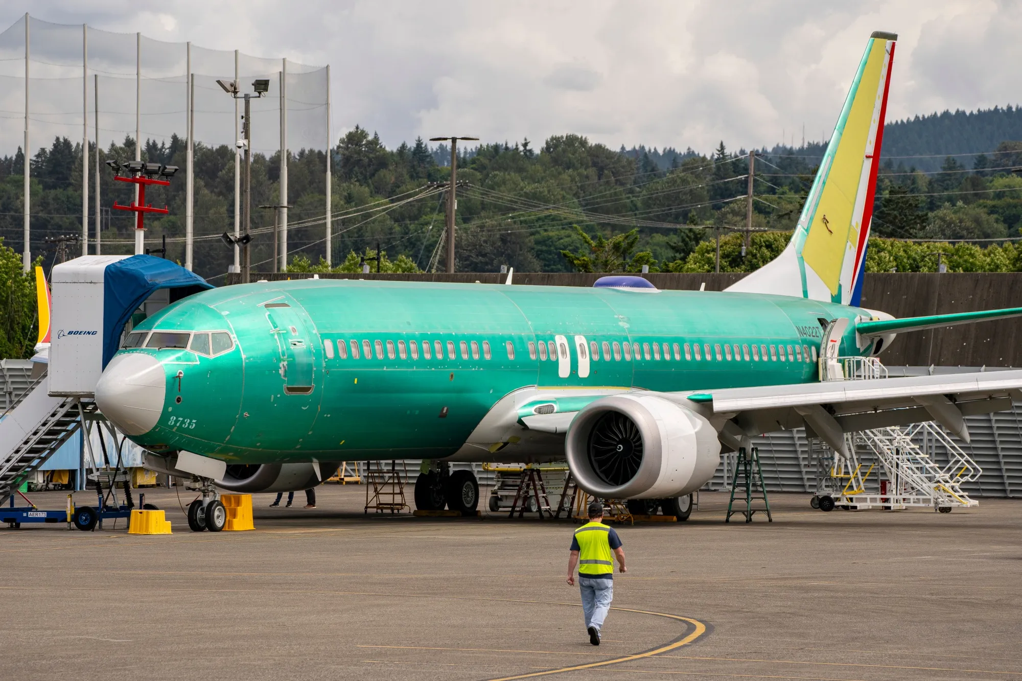 A Boeing 737 airplane outside of the company's manufacturing facility in Renton, Washington, US.