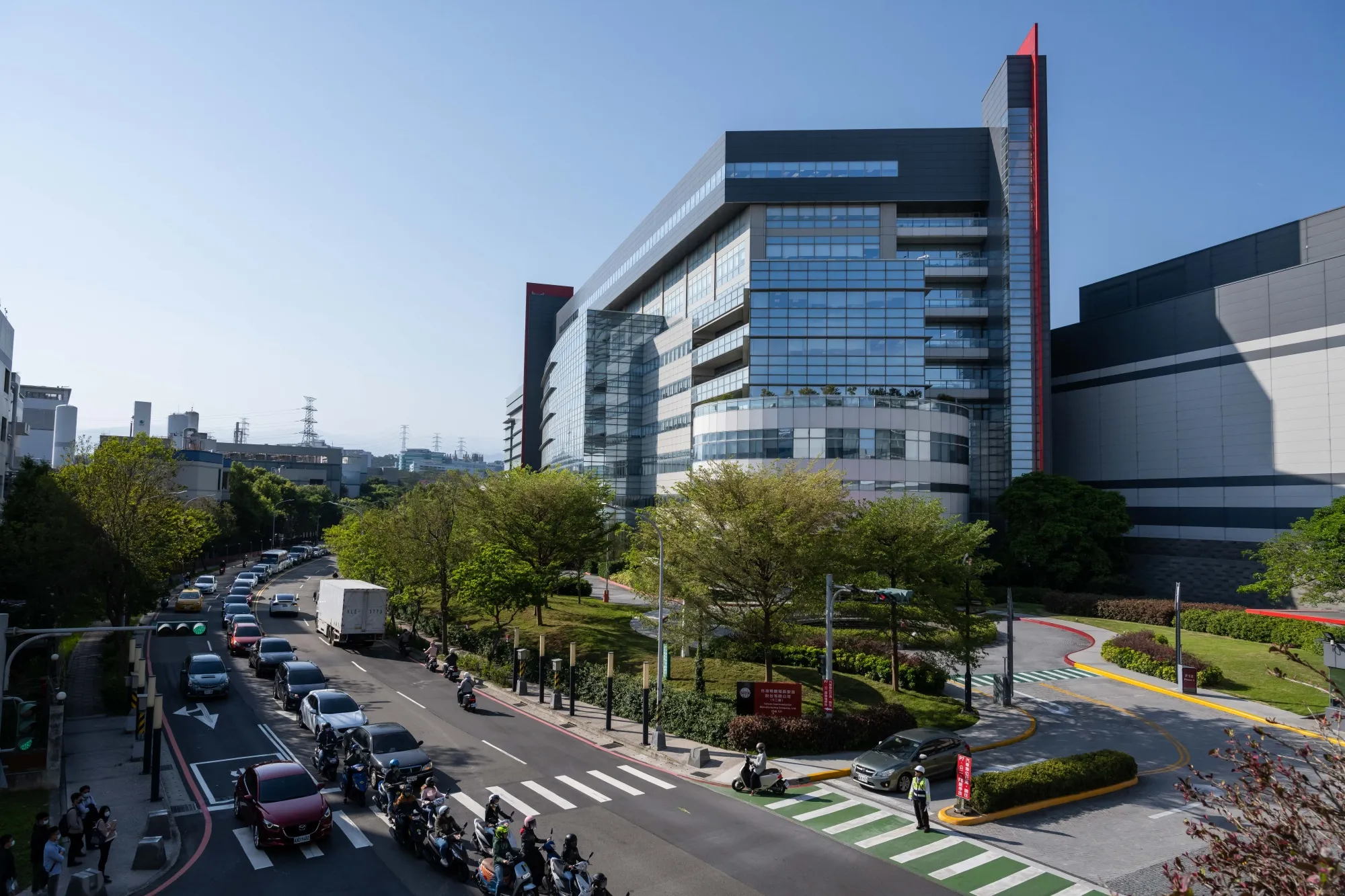 Outside the Taiwan Semiconductor Manufacturing Co. headquarters in Hsinchu, Taiwan, on April 7.