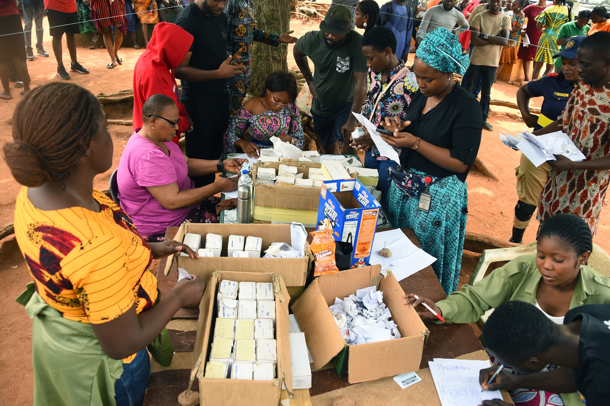 Independent National Electoral Commission officials sort voters card in Lagos on Jan. 13 ahead of the presidential election.