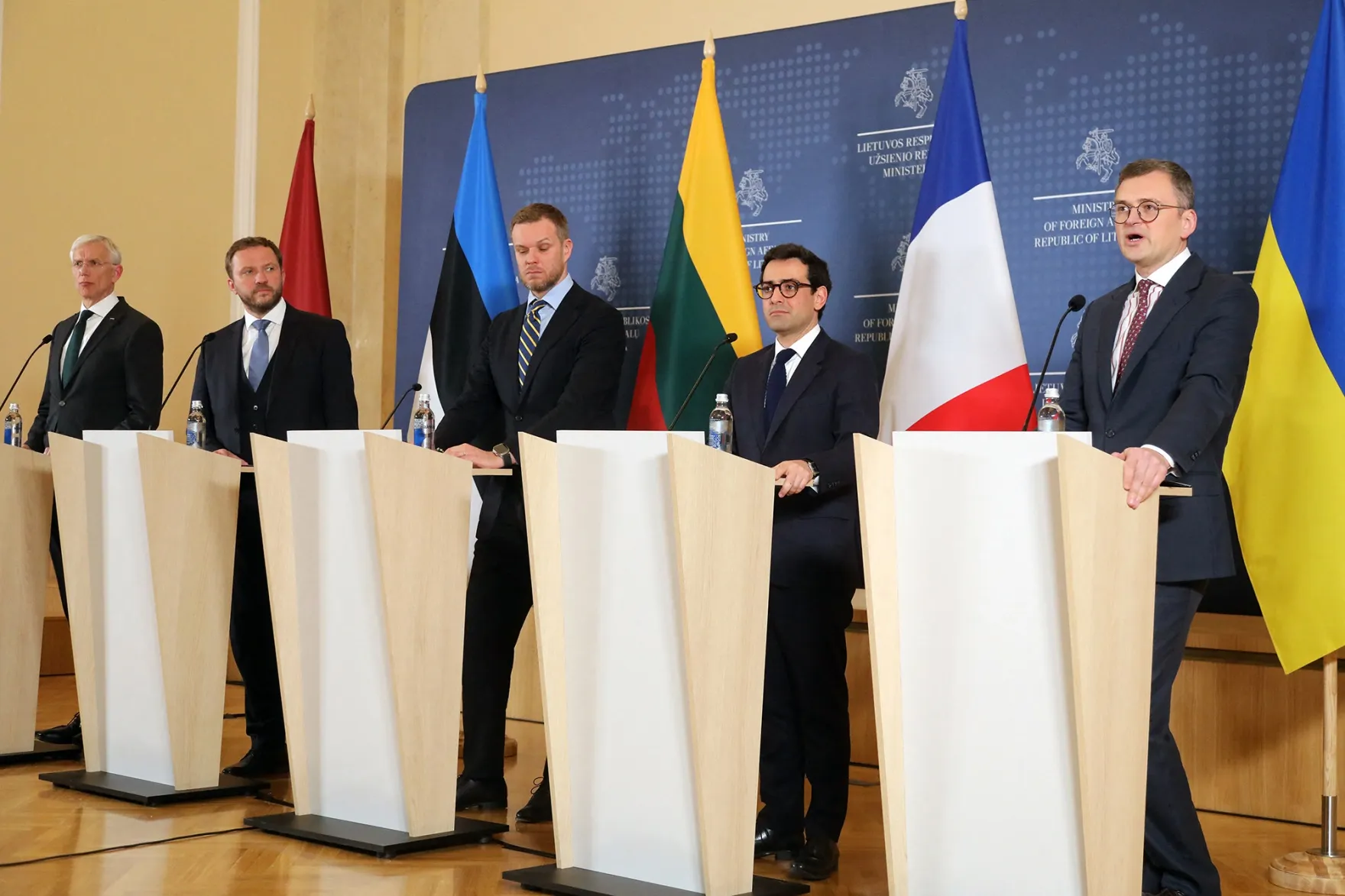 From left, Krisjanis Karins, Margus Tsahkna, Gabrielius Landsbergis, Stephane Sejourne and&nbsp;Dmytro Kuleba at a joint press conference after a meeting&nbsp;in Vilnius, Lithuania on March 8.