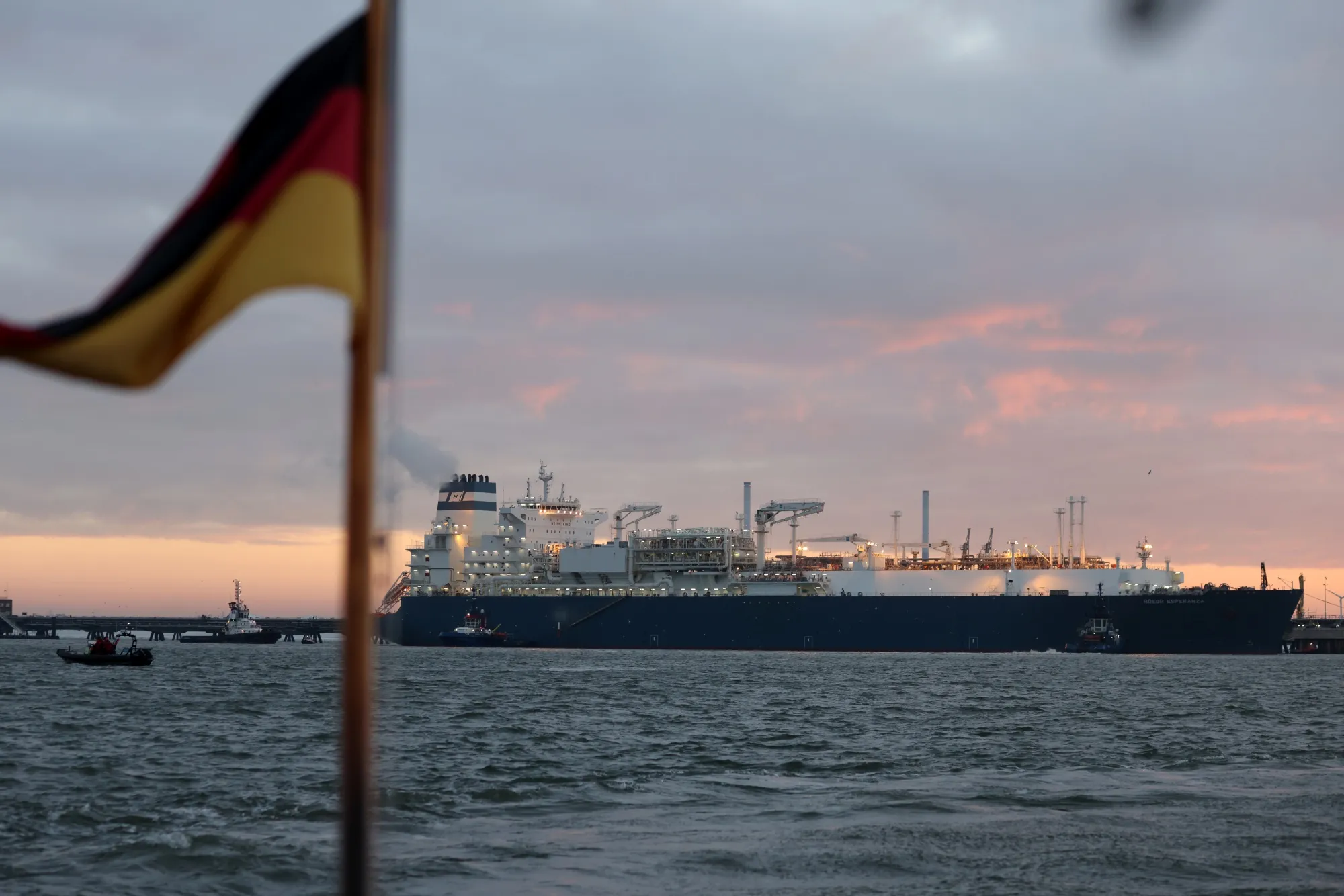A&nbsp;LNG&nbsp;floating storage regasification unit docked at the Wilhemshaven LNG Terminal in Wilhelmshaven, Germany.