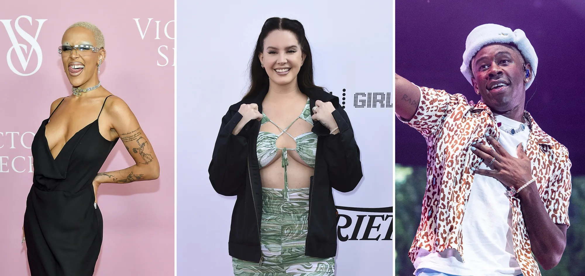 This combination image shows left to right; Dojo Cat, Lana Del Rey, and Tyler the Creator. The 2024 Coachella festival lineup is here! Lana Del Rey, Doja Cat, and Tyler, the Creator will headline. (AP Photo)