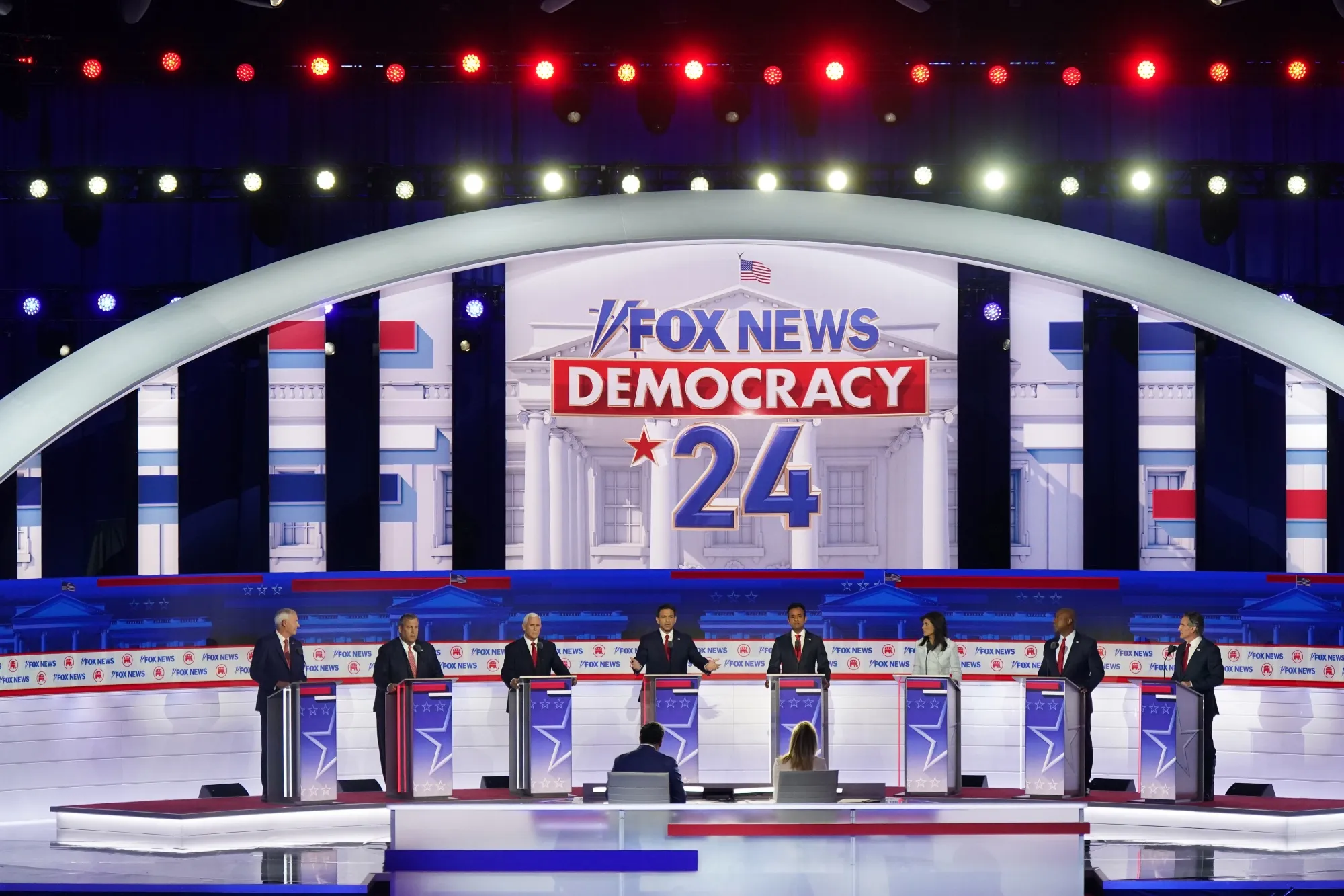 Candidates during the 2024 Republican primary presidential debate hosted by Fox News in Milwaukee, Wisconsin.