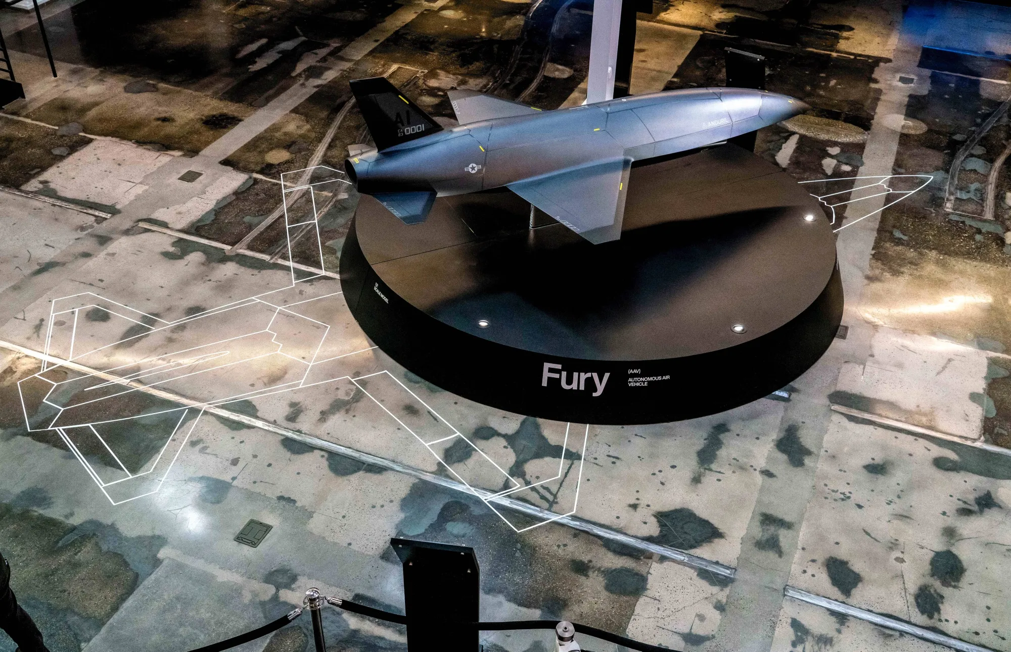 An 1:2 scale model of the Anduril Fury, a multi-mission group 5 autonomous air vehicle at Anduril's headquarters.