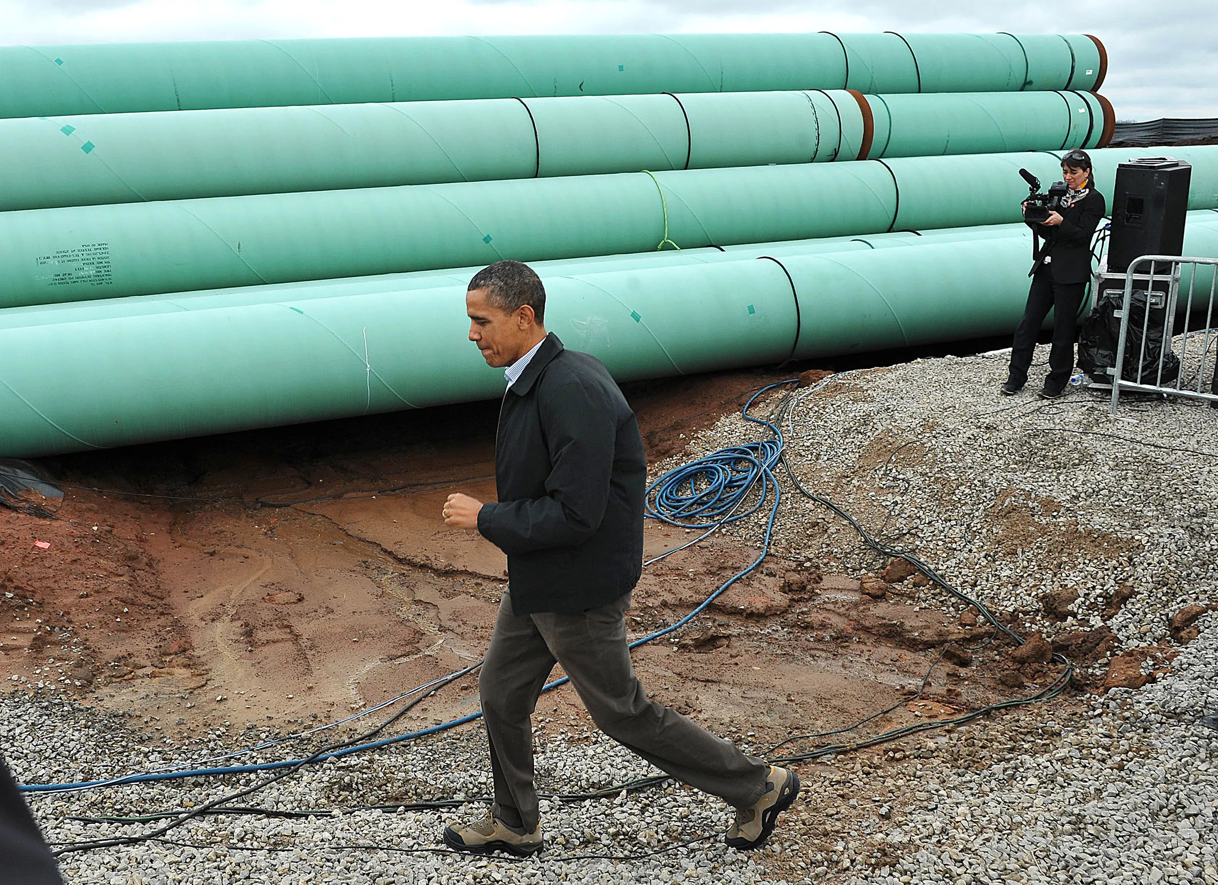 President Barack Obama arrives to speak on March 22, 2012 at the TransCanada Stillwater pipe yard in Cushing, Oklahoma.
