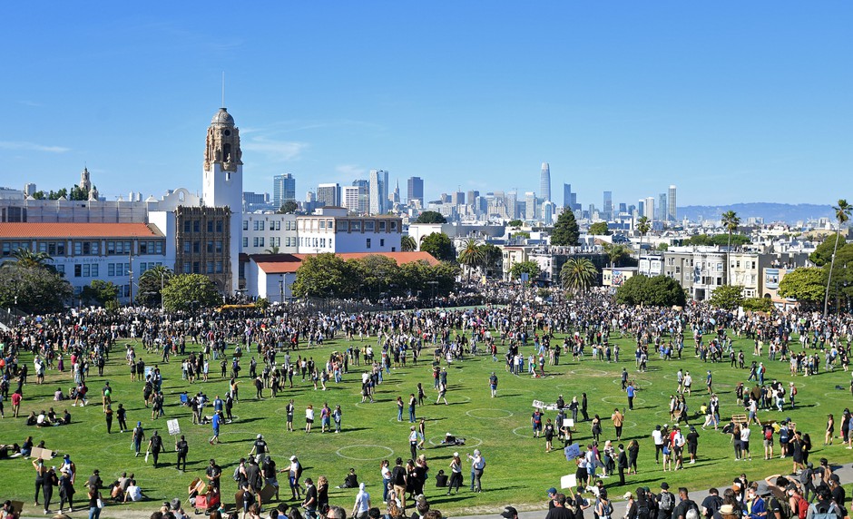 Protesters gather at Dolores Park in San Francisco, California on June 3. Between hosting protesters and pandemic-weary residents, urban parks are seeing a surge in use.