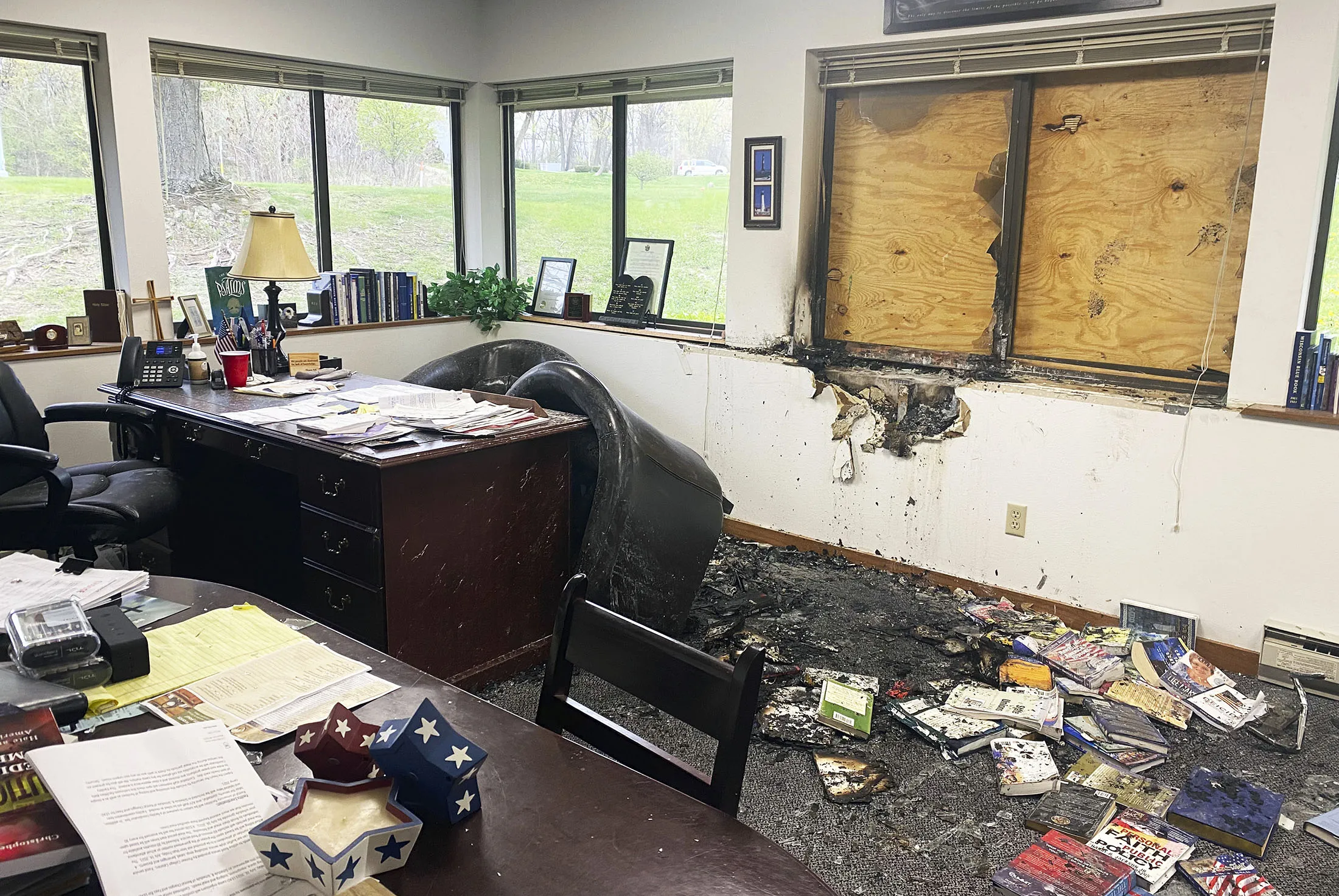 Damage is seen in the interior of Madison's Wisconsin Family Action headquarters in Madison, Wisconsin, on&nbsp;May 8.
