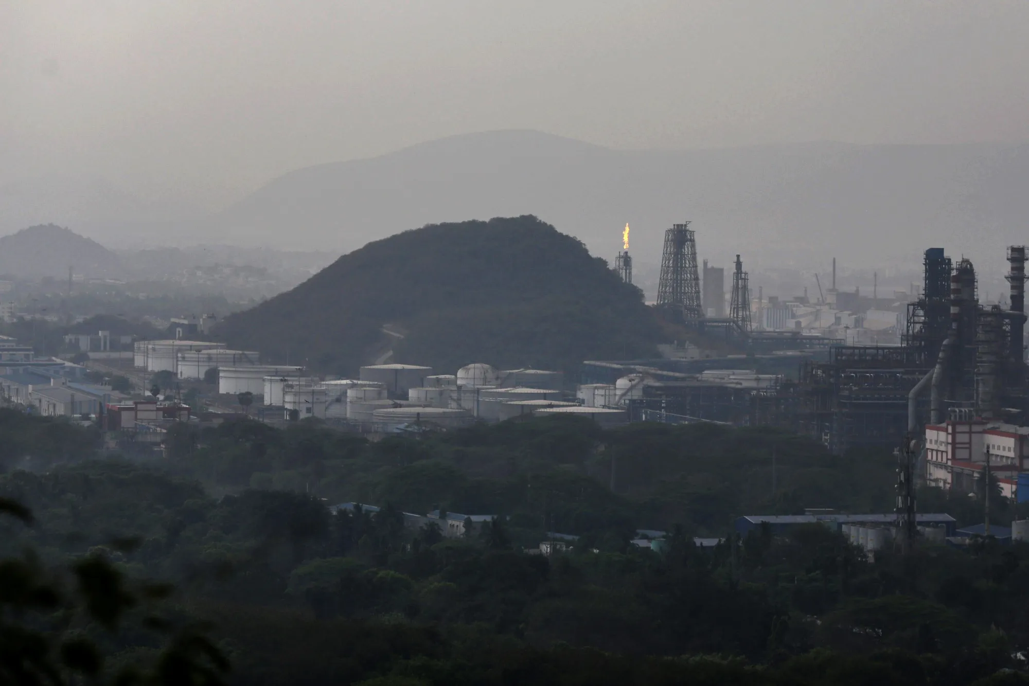 An oil refinery at a port in Visakhapatnam, Andhra Pradesh, India.