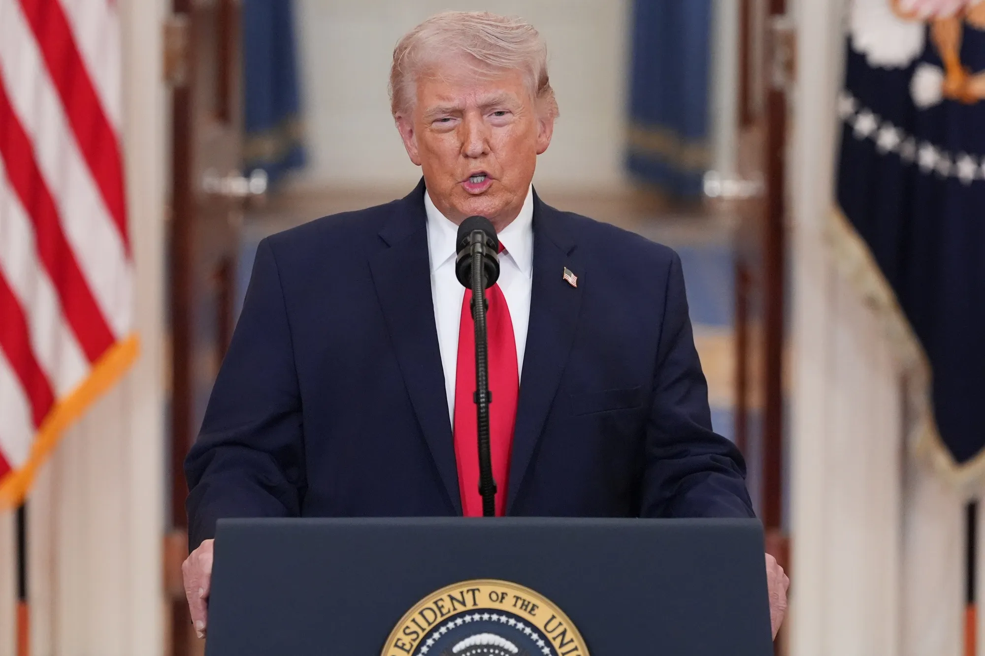 Donald Trump during a prime-time address to the nation in the Cross Hall of the White House on April 1.