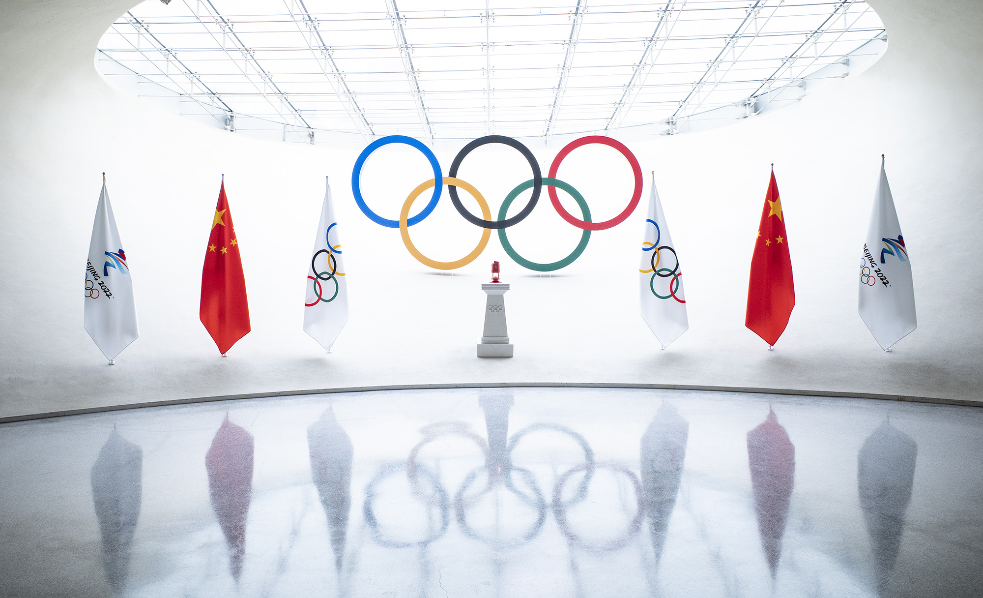 A lantern containing the Olympic flame for Beijing 2022 Winter Games is on display at Beijing Olympic Tower on November 5, 2021 in Beijing.