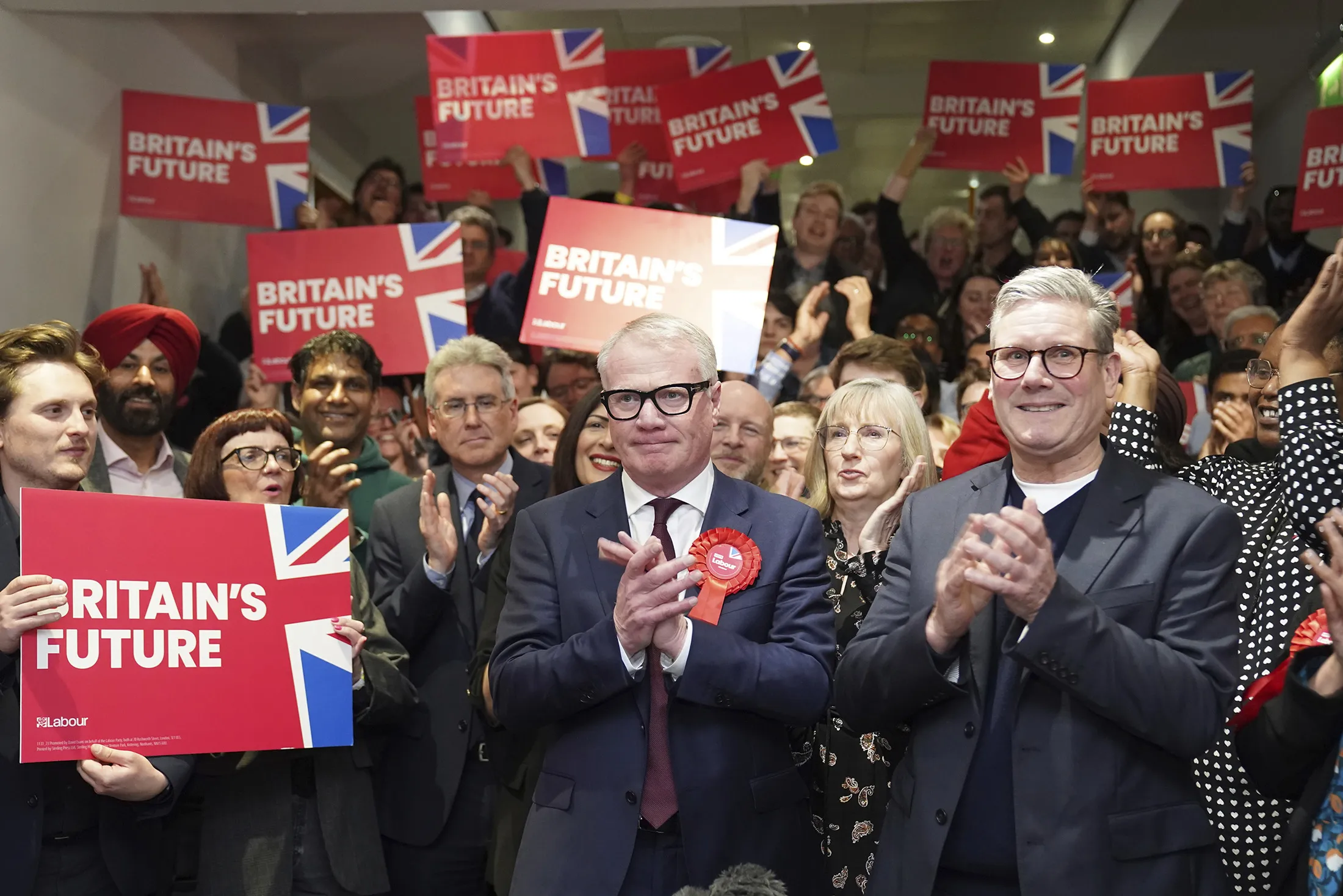 Keir Starmer, right, celebrates with newly elected Mayor of West Midlands Richard Parker at the International Convention Centre in Birmingham, UK, on May 4.