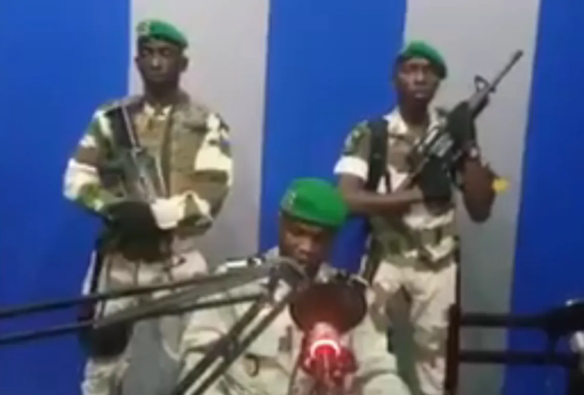 Military officers make a broadcast from Gabon’s national radio station