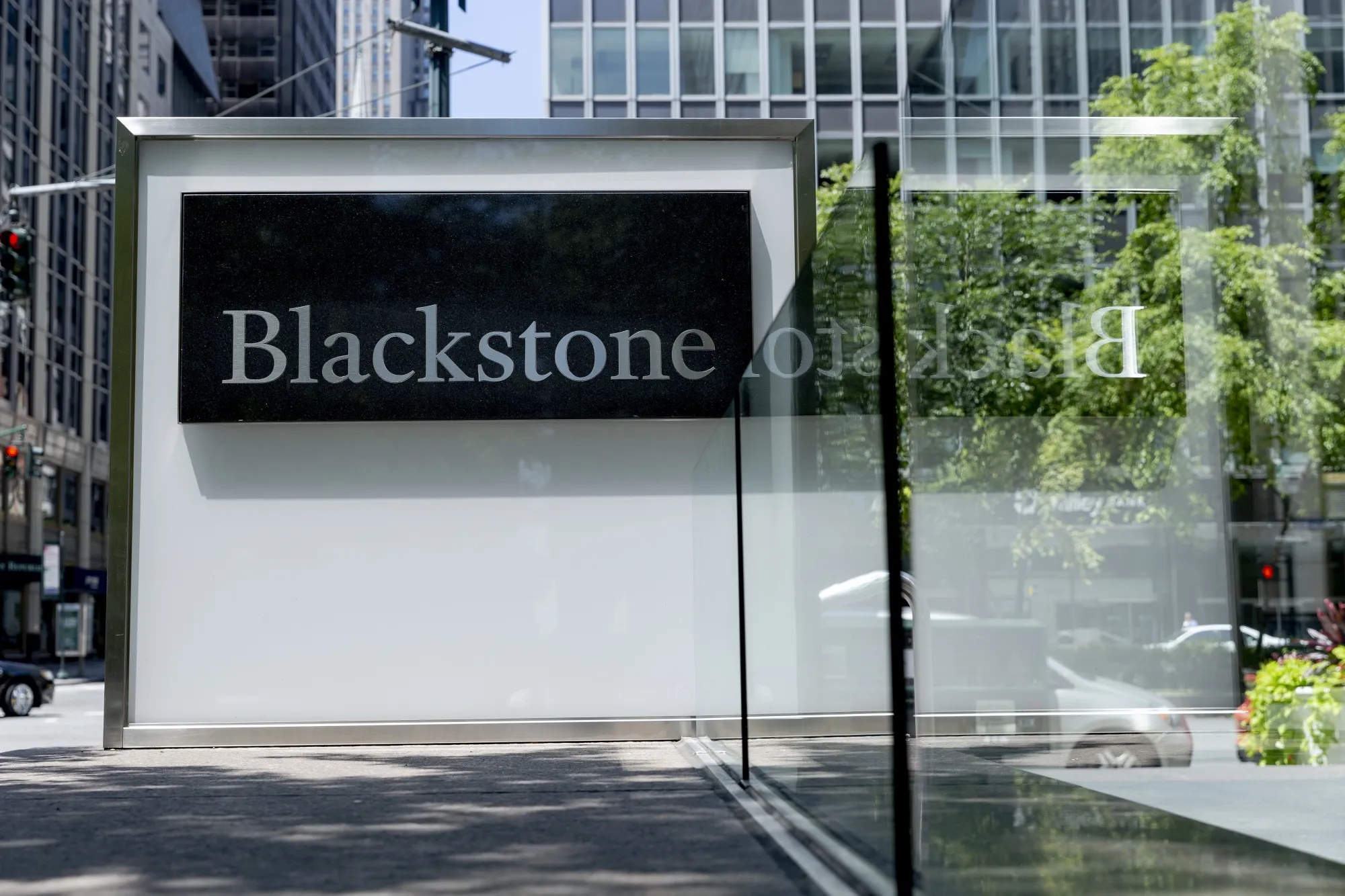 Signage is displayed outside the Blackstone Group Inc. headquarters in New York, U.S.