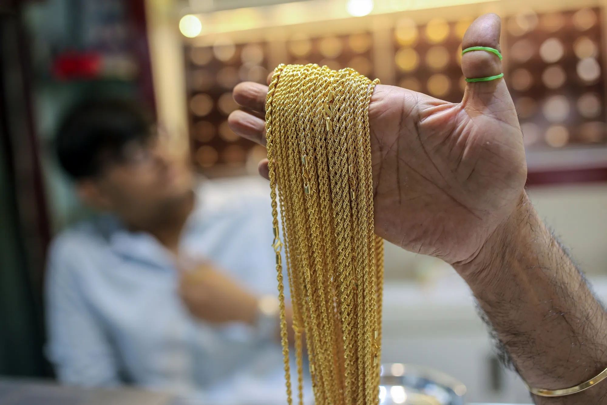 Gold necklaces at a jewelry store in Mumbai. 