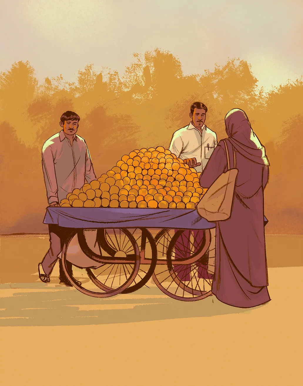 Illustration of people standing at an orange cart.