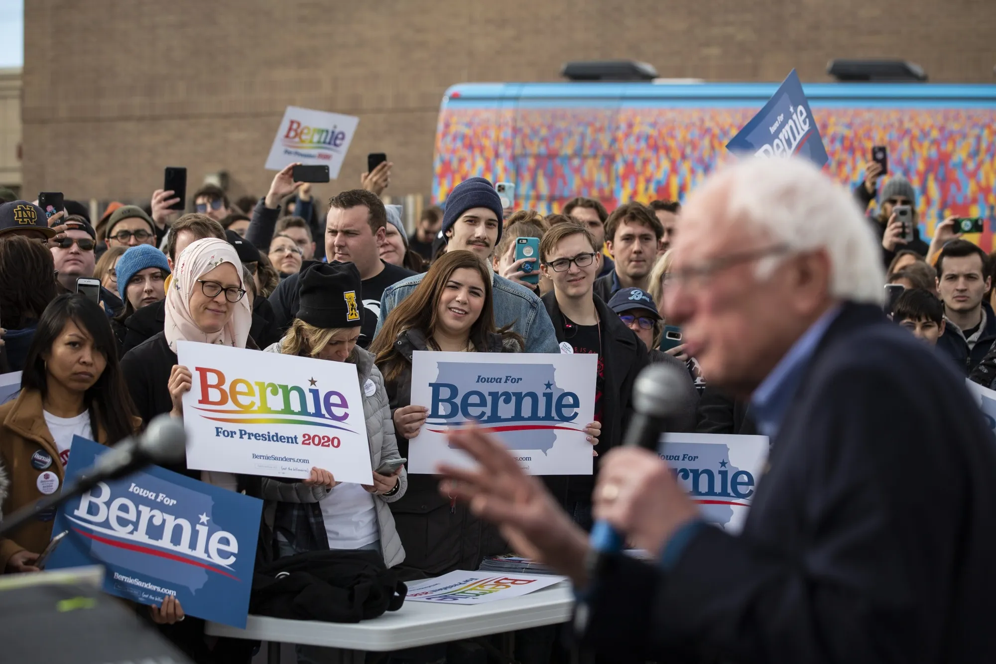 Attendees listen as Bernie Sanders speaks&nbsp;during a campaign event in Cedar Rapids, Iowa on Feb. 2.