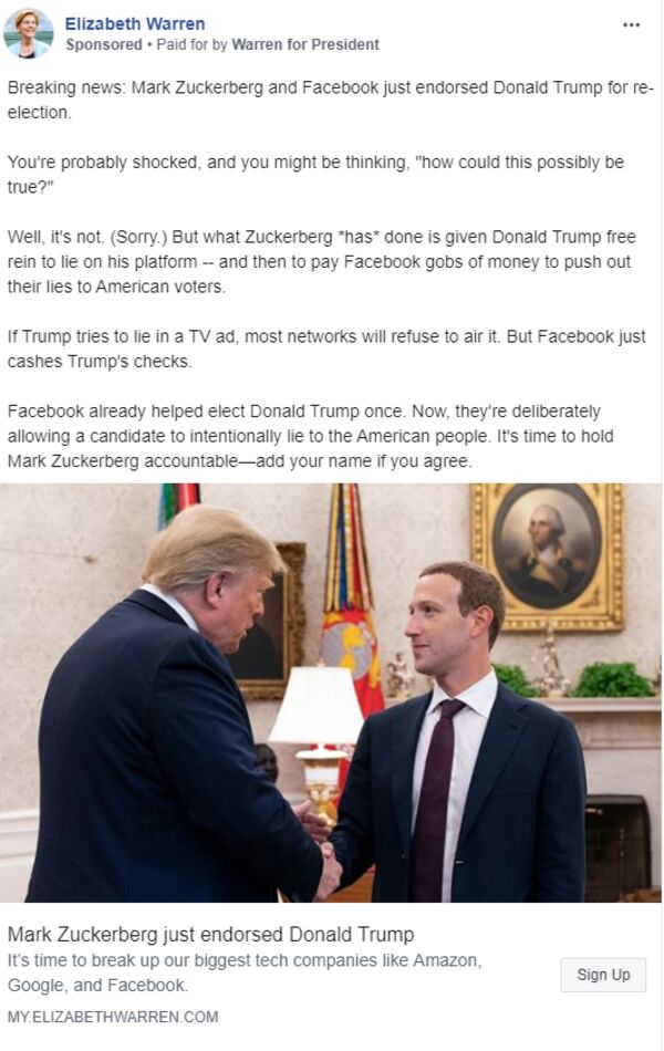 relates to Warren Buys Facebook Ads That Claim Zuckerberg Backs Trump