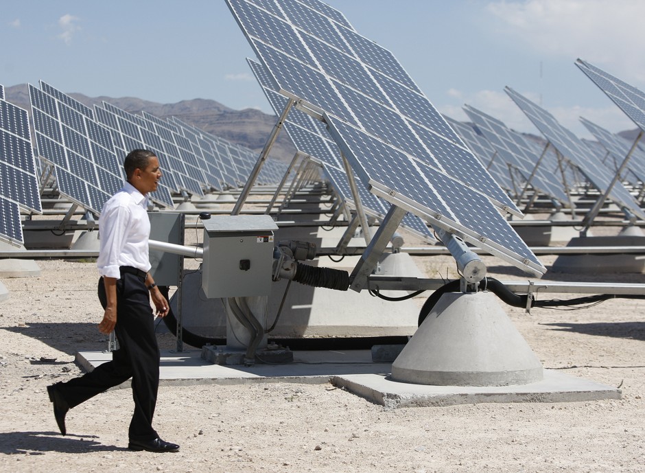 President Barack Obama inspects an array of solar panels at Nellis Air Force Base in Las Vegas, Nevada in 2009.