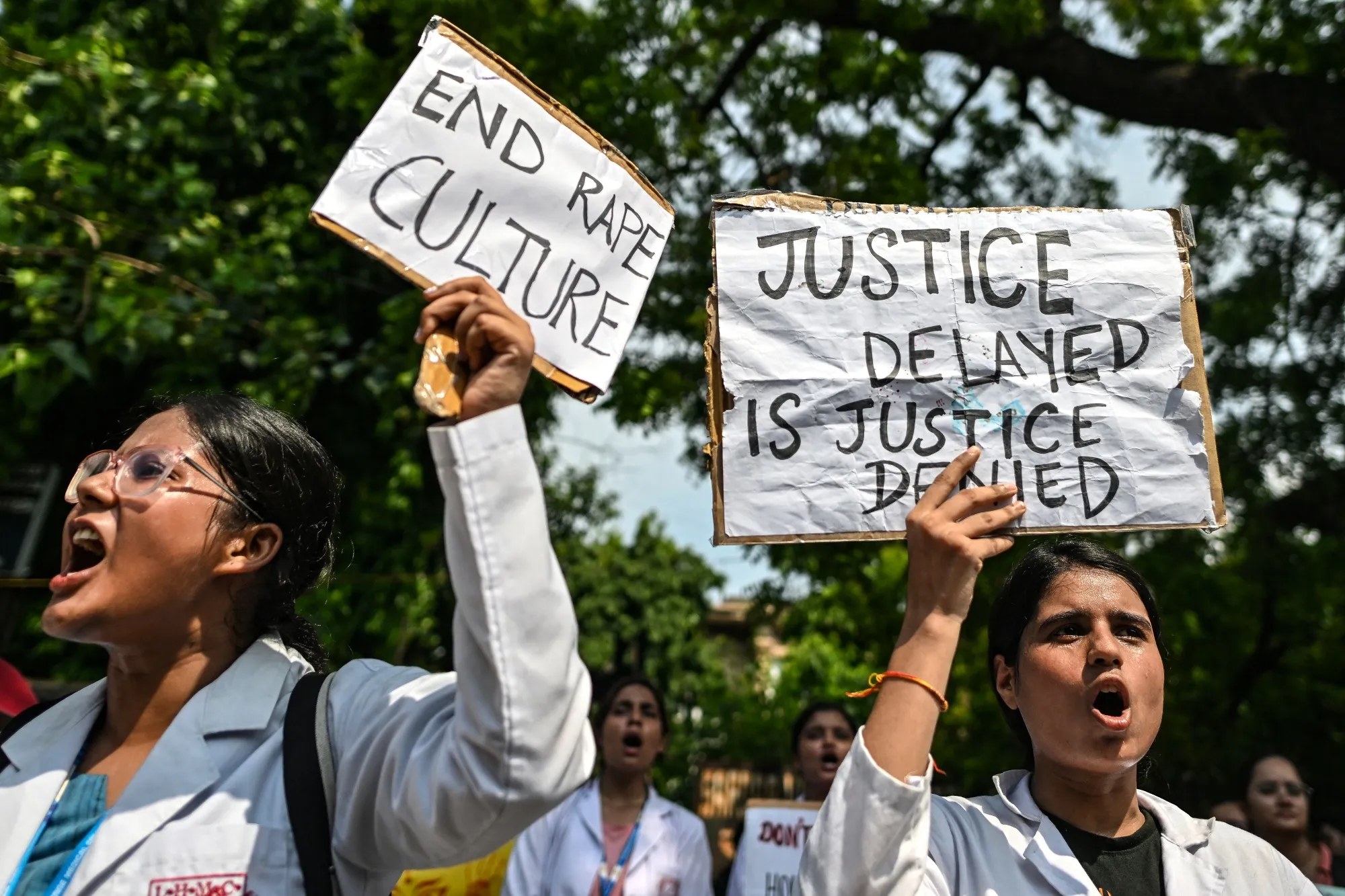 In New Delhi, medical professionals and students protest against the rape and murder of a doctor in Kolkata.