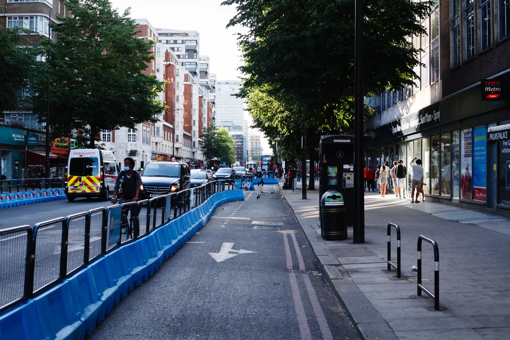 A section of the Mayor of London's 'Streetspace' scheme, designed to expand capacity for pedestrians and cyclists on certain roads while social distancing guidelines remain in effect, on Edgware Road in London, England, in May, 2020.&nbsp;