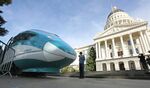 A full-scale mock-up of a high-speed train is displayed at the capitol in Sacramento, California.