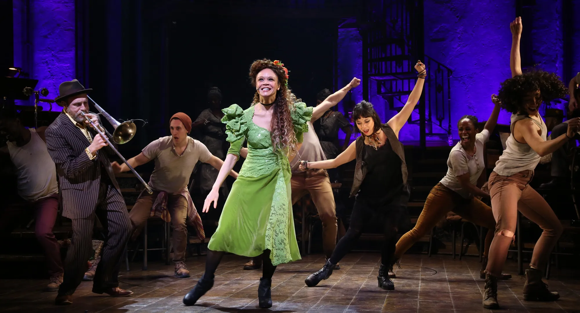 Amber Gray and Eva Noblezada with cast during a preview of "Hadestown" at the Walter Kerr Theatre on March 18, 2019 in New York City.&nbsp;